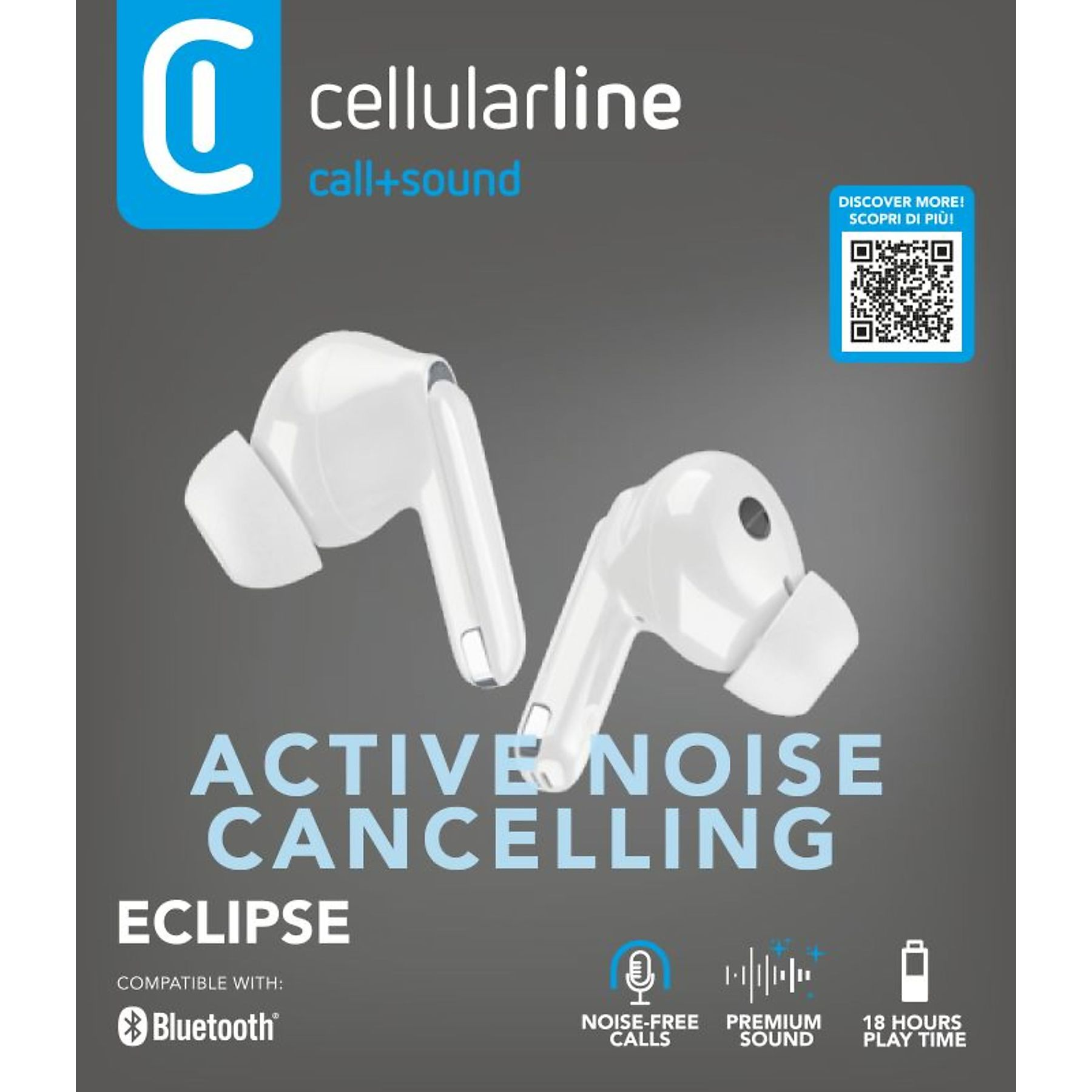 Auriculares inalámbricos blancos con cancelación de ruido activa, logo de Cellularline e iconos de funciones sobre fondo gris.