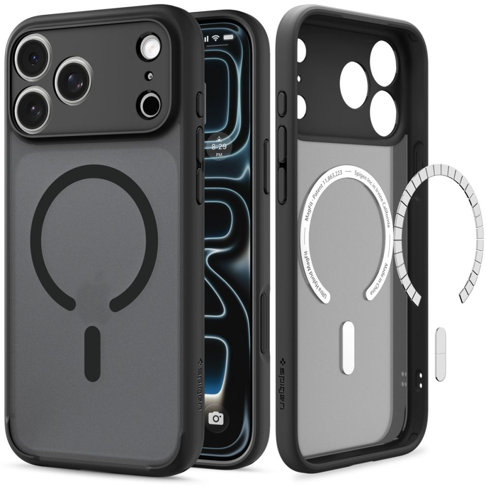 Czarne etui na smartfon MagSafe z wycięciem na aparat i osobnym pierścieniem.