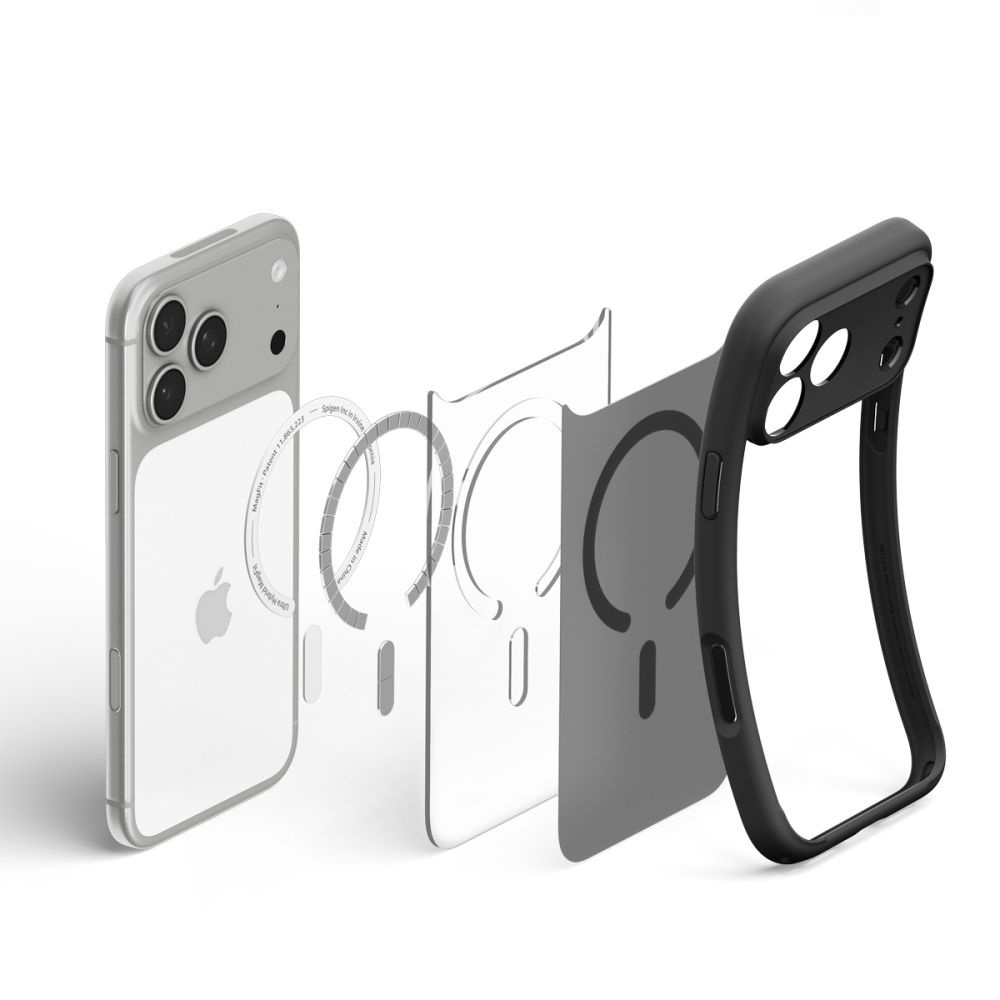 Rozstrzelony widok etui na smartfon z pierscieniem magnetycznym i tyłem iPhone'a.