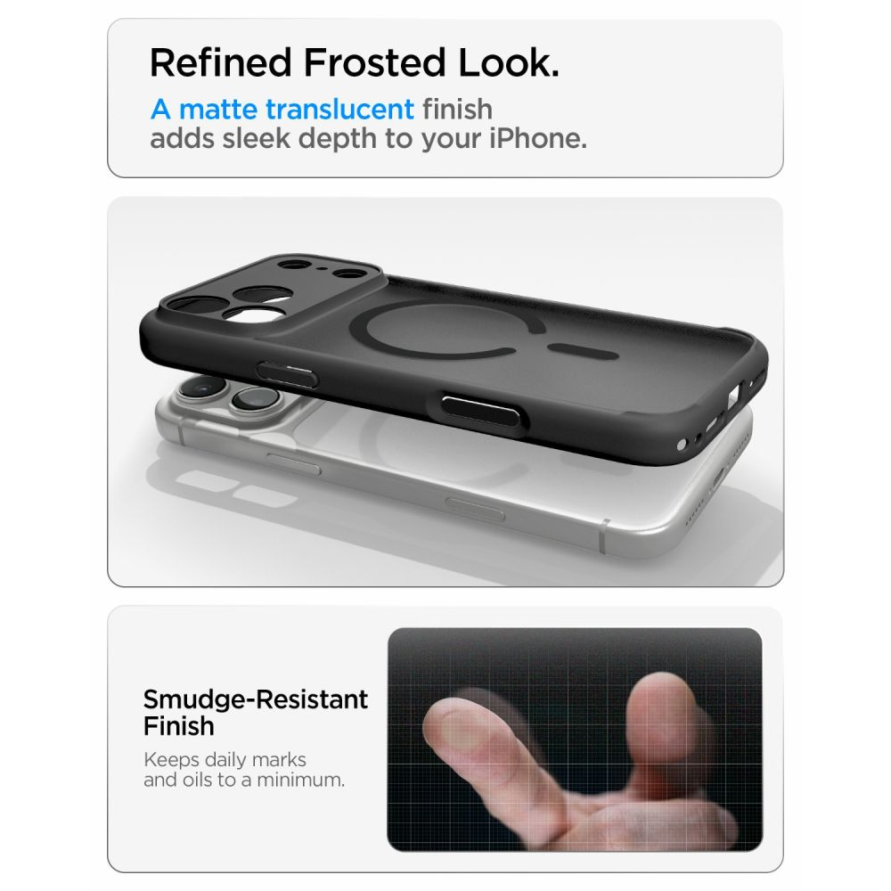 Matowe czarne etui na iPhone'a nad białym smartfonem, z tekstem podkreślającym matowe wykończenie i odporność na smugi.