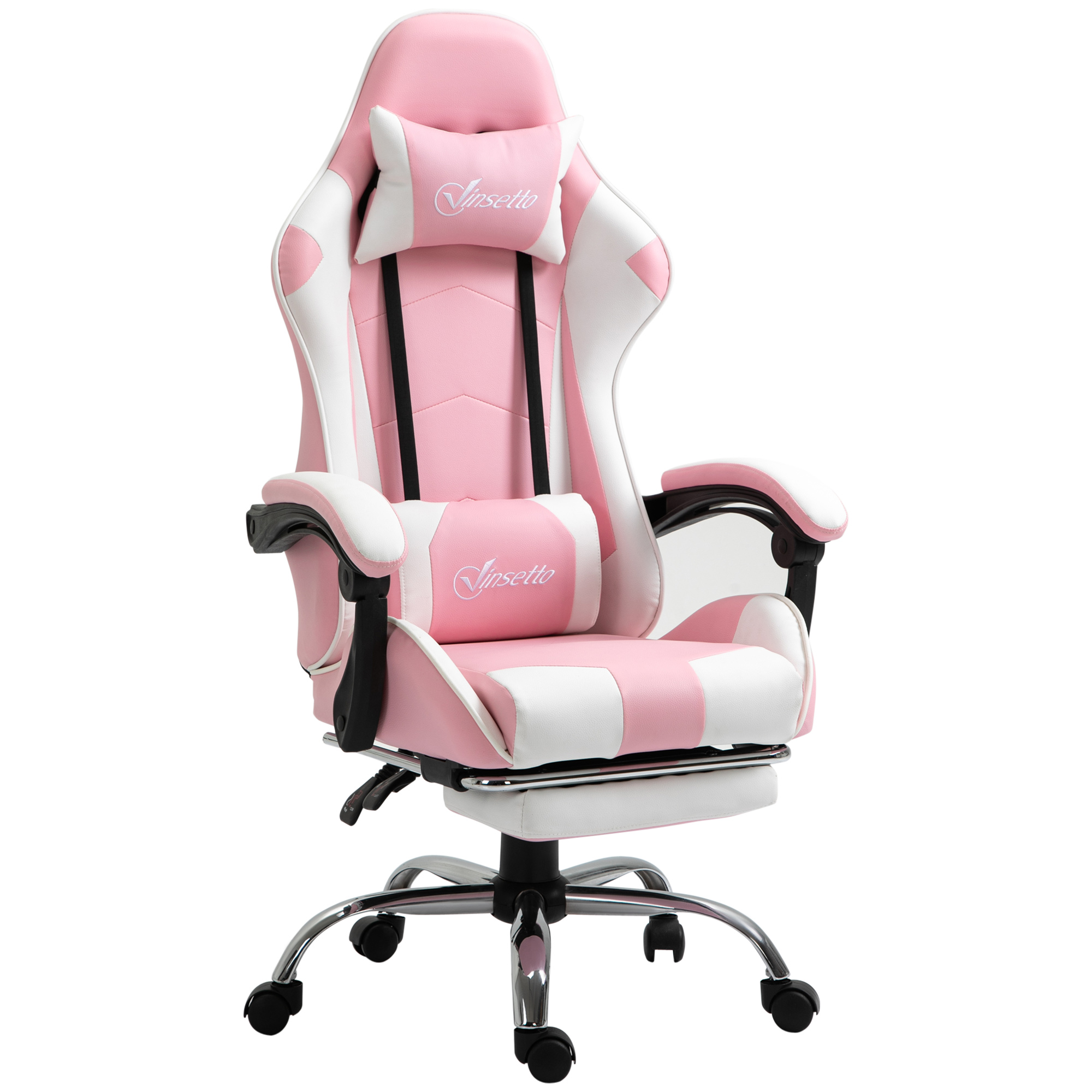 Sedia da gaming rosa e bianca con cuscini per testa e lombare su base in metallo cromato con rotelle su sfondo bianco.
