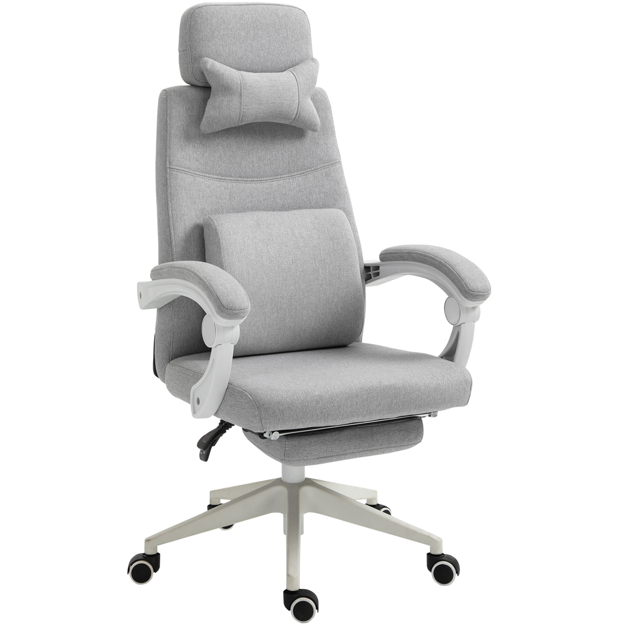 Sedia da ufficcio ergonomica grigio chiaro con base bianca, braccioli e cuscini lombari e poggiatesta.