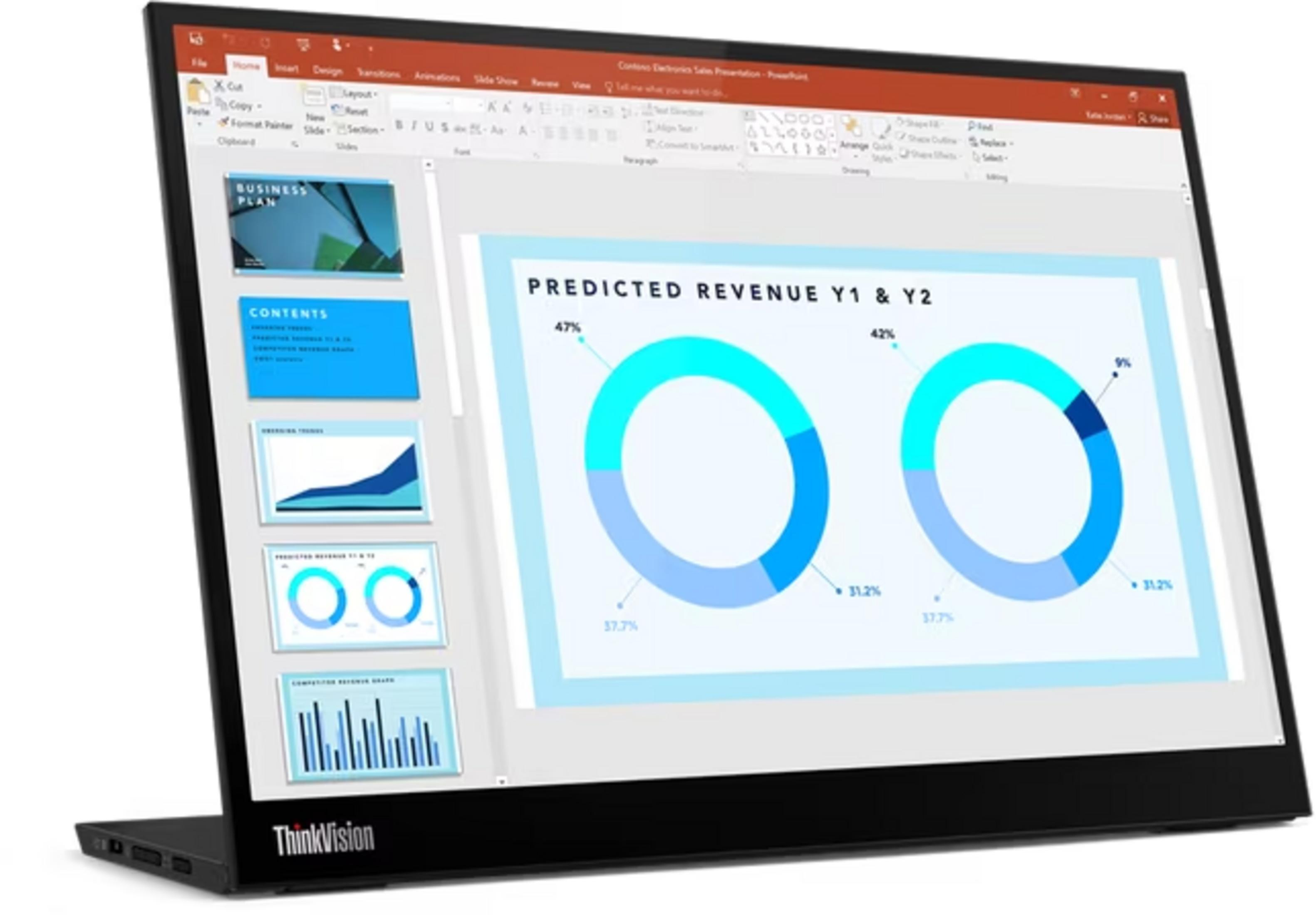 Un monitor portátil ThinkVision muestra una presentación de negocios con gráficos circulares.