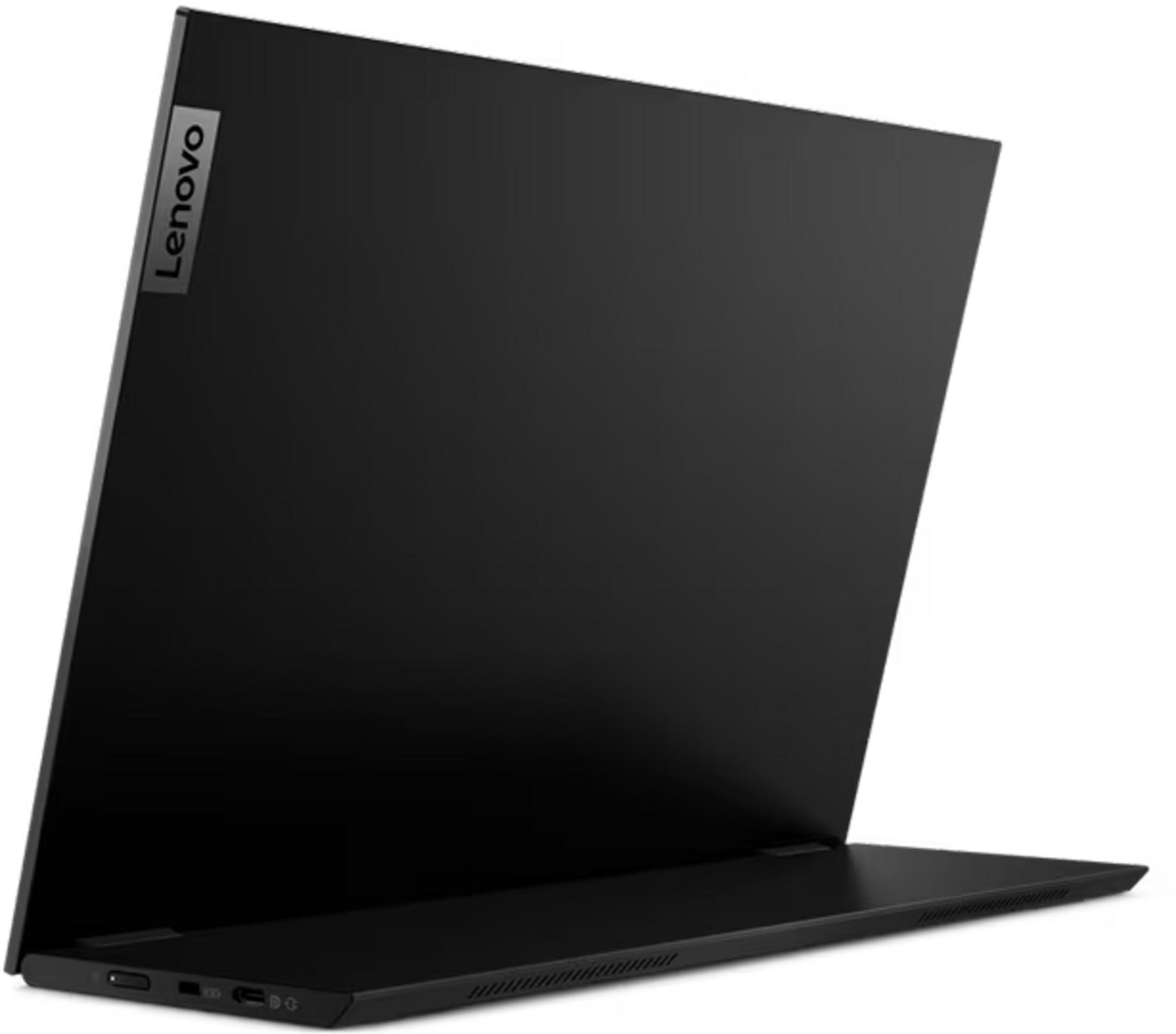 Una laptop Lenovo negra con la pantalla cerrada se encuentra ligeramente inclinada sobre un fondo blanco.