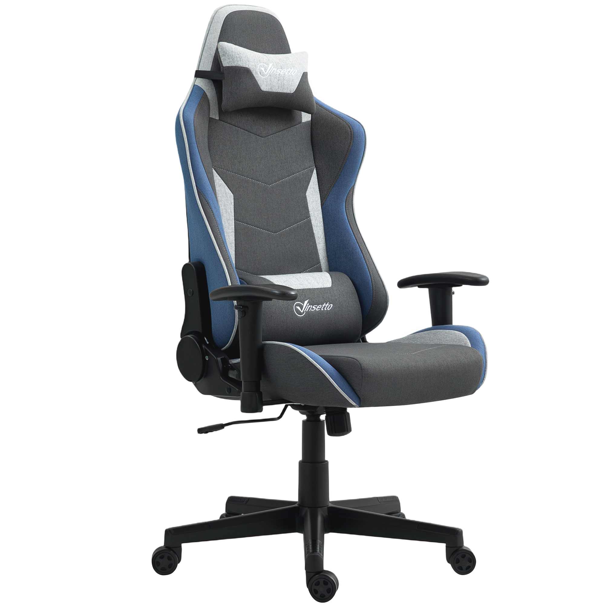 Una sedia da gaming grigia e blu con cuscini cervicale e lombare su base con ruote.