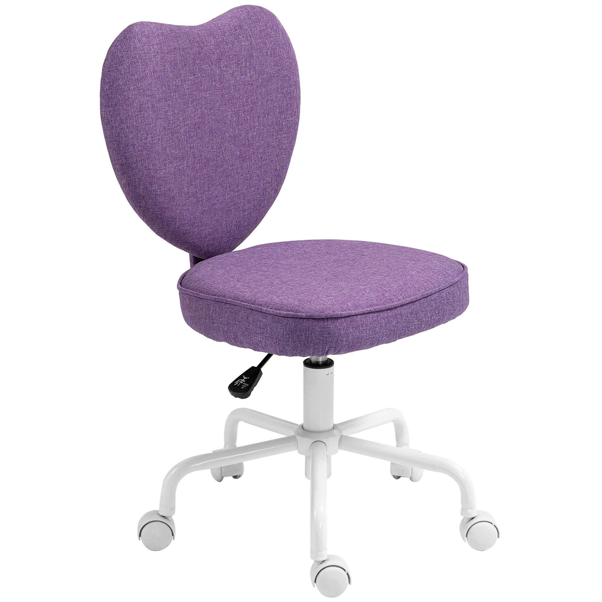 Una sedia da Scrivania viola a forma di cuore con base bianca e rotelle su sfondo bianco.