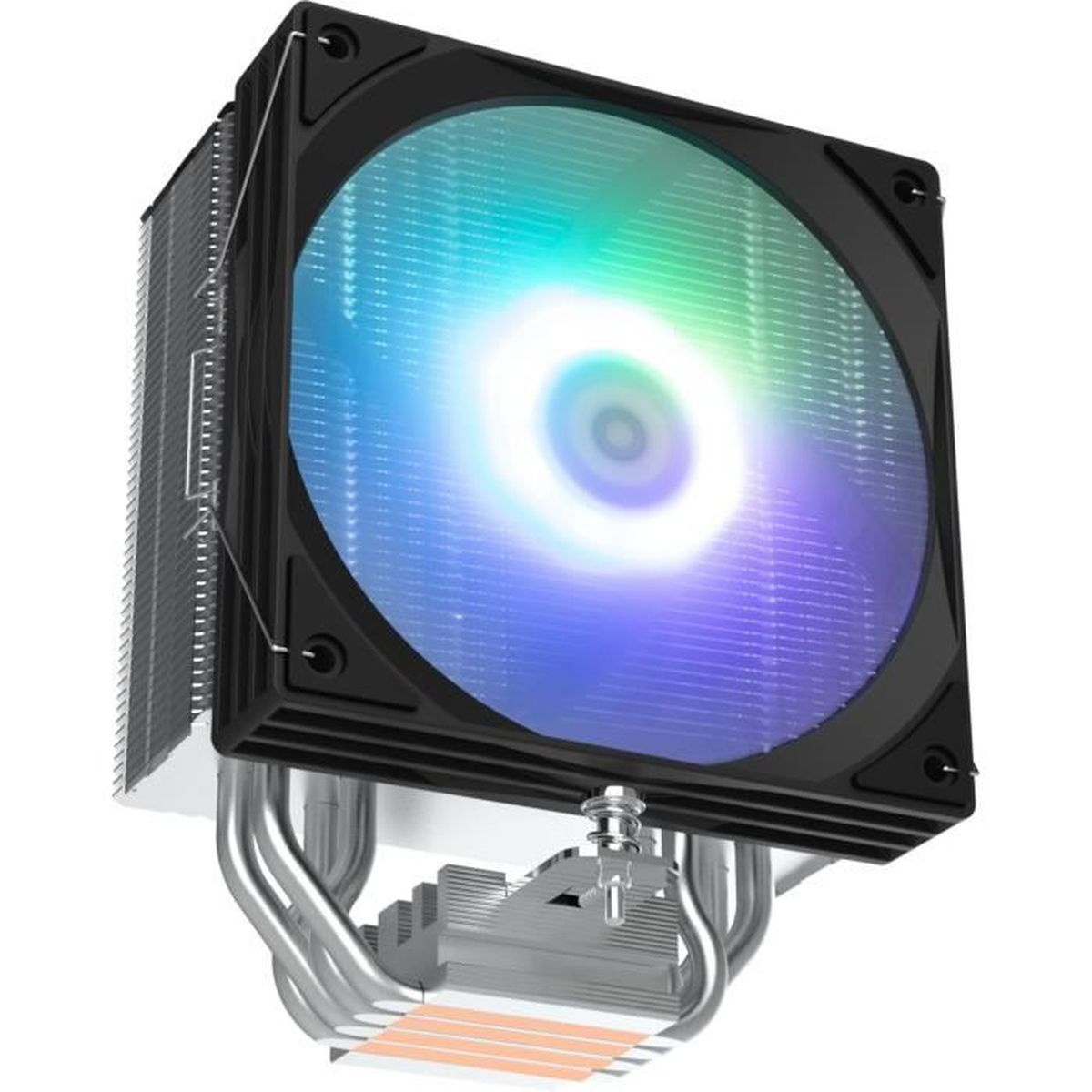 Beyaz arkaplanda RGB fanlı, alüminyum kanatlı ve kıvrık bakır ısı borulu siyah bir işlemci soğutucusu.
