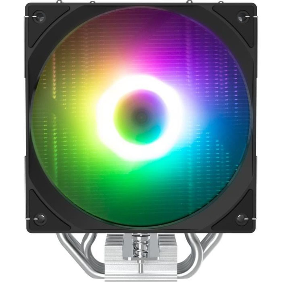 Aydınlatmalı bir RGB fana ve gümüş ısı borularına sahip, dikdörtgen şeklinde siyah bir CPU soğutucusu.