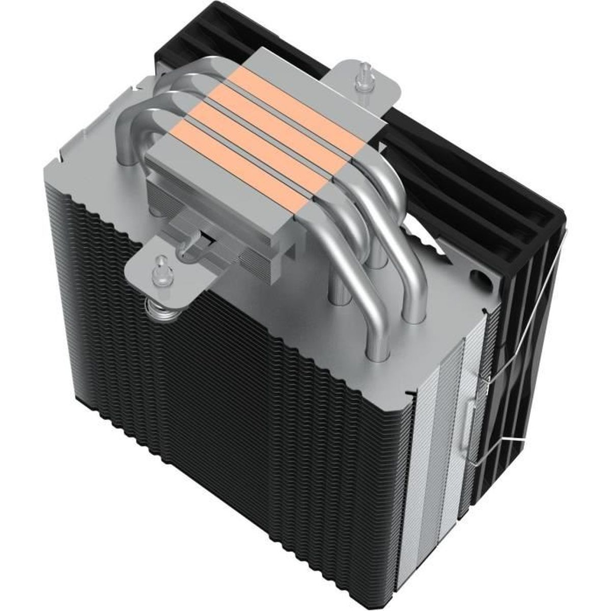 Siyah kanatlı, gümüş ısı borulu ve tabanda dört bakır ısı borulu bir CPU soğutucusu.