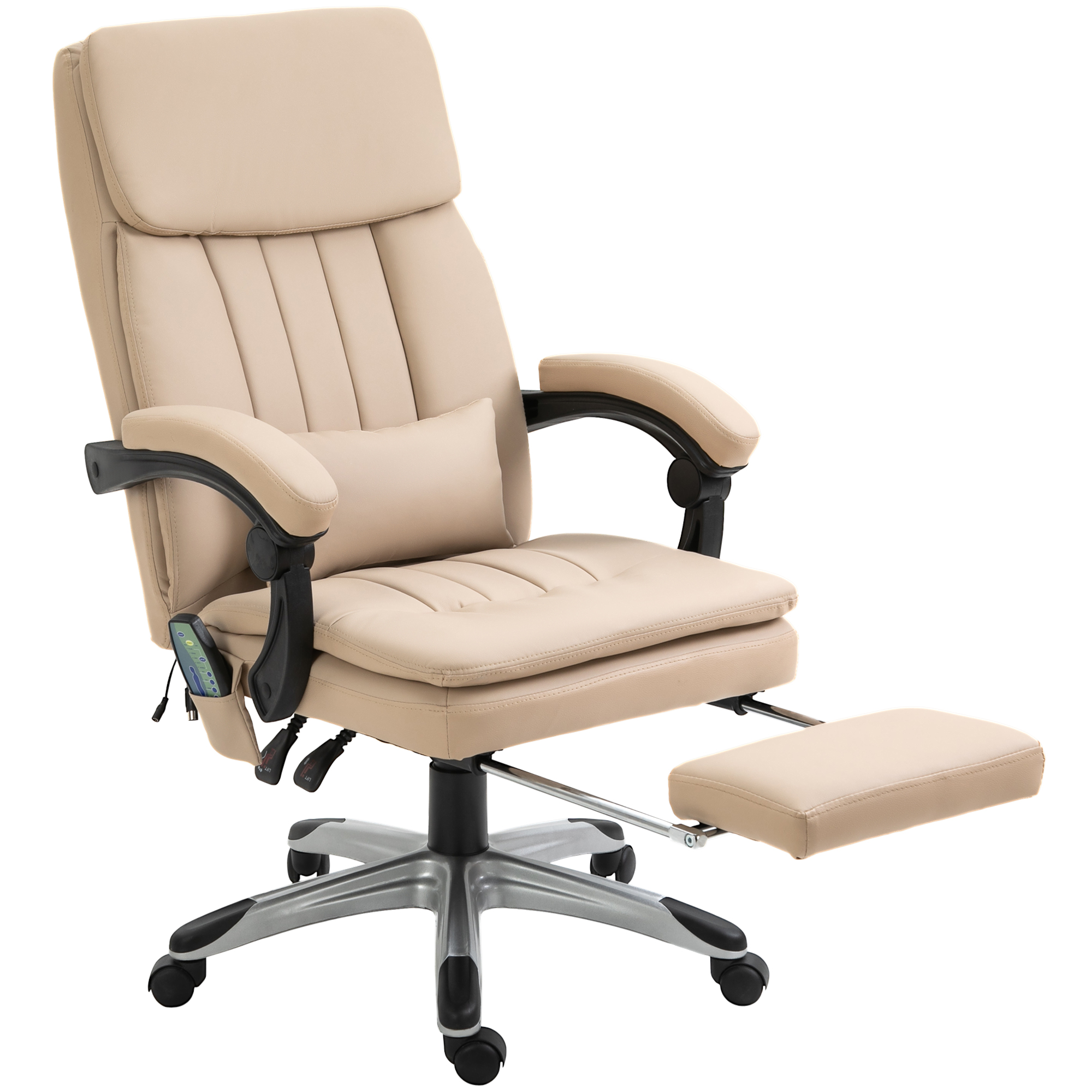Sedia da ufficio ergonomica beige con poggiapiedi estraibile, schienale alto, braccioli e base con ruote nera.