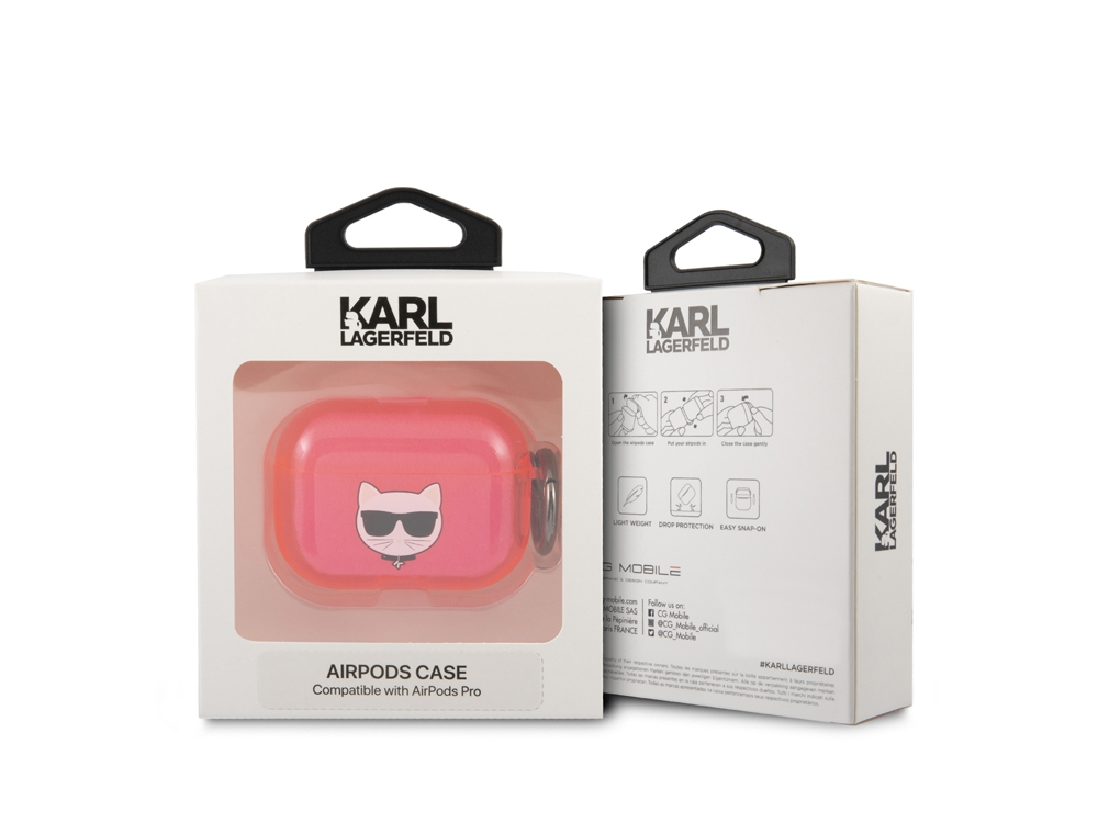 Estuche rosa para AirPods Pro de Karl Lagerfeld con gráfico de gato y su caja.