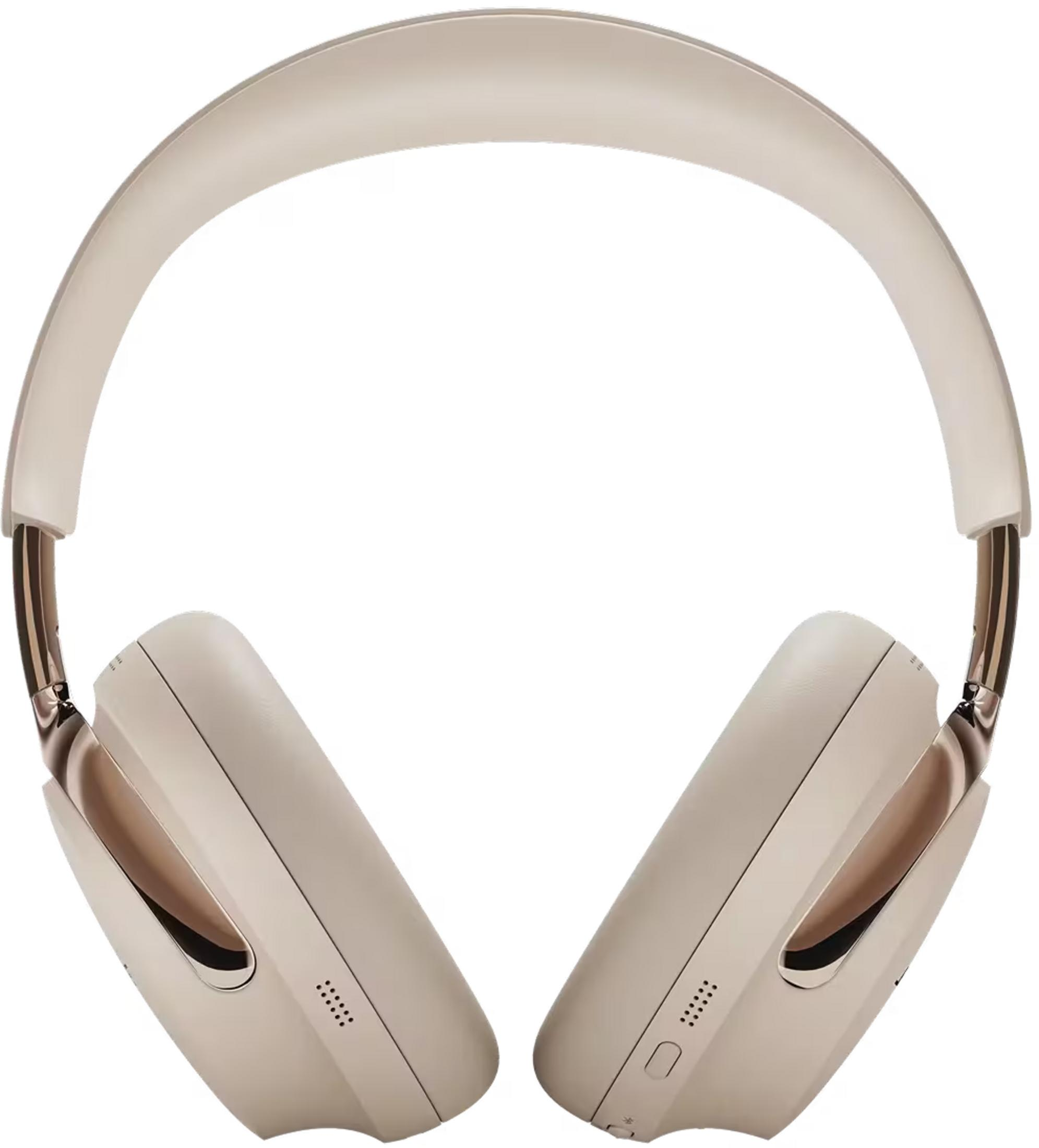 Beigefarbene, kabellose Over-Ear-Kopfhörer mit goldenen Akzenten auf einem weißen Hintergrund.