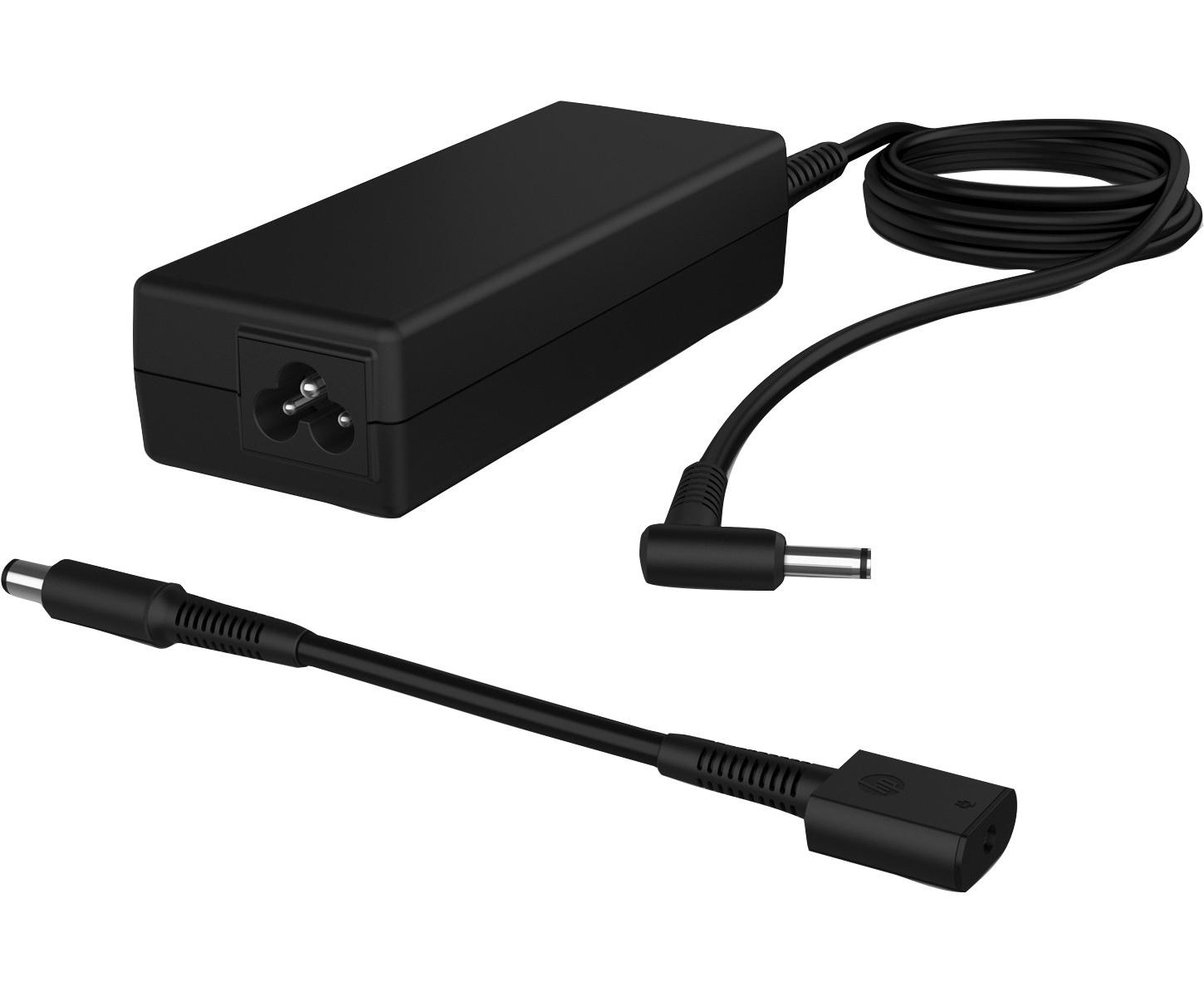 Adaptador de corriente para portátil negro con cable y adaptador separado sobre fondo blanco.
