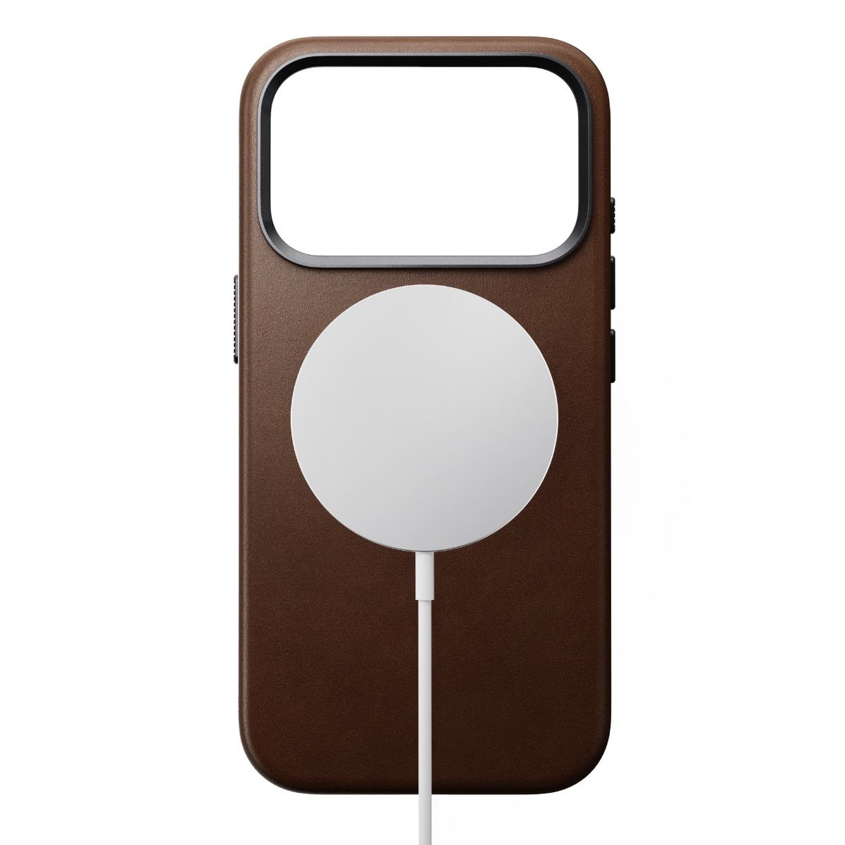 Eine braune Leder-Handyhülle mit einem weißen MagSafe-Ladegerät auf der Rückseite.