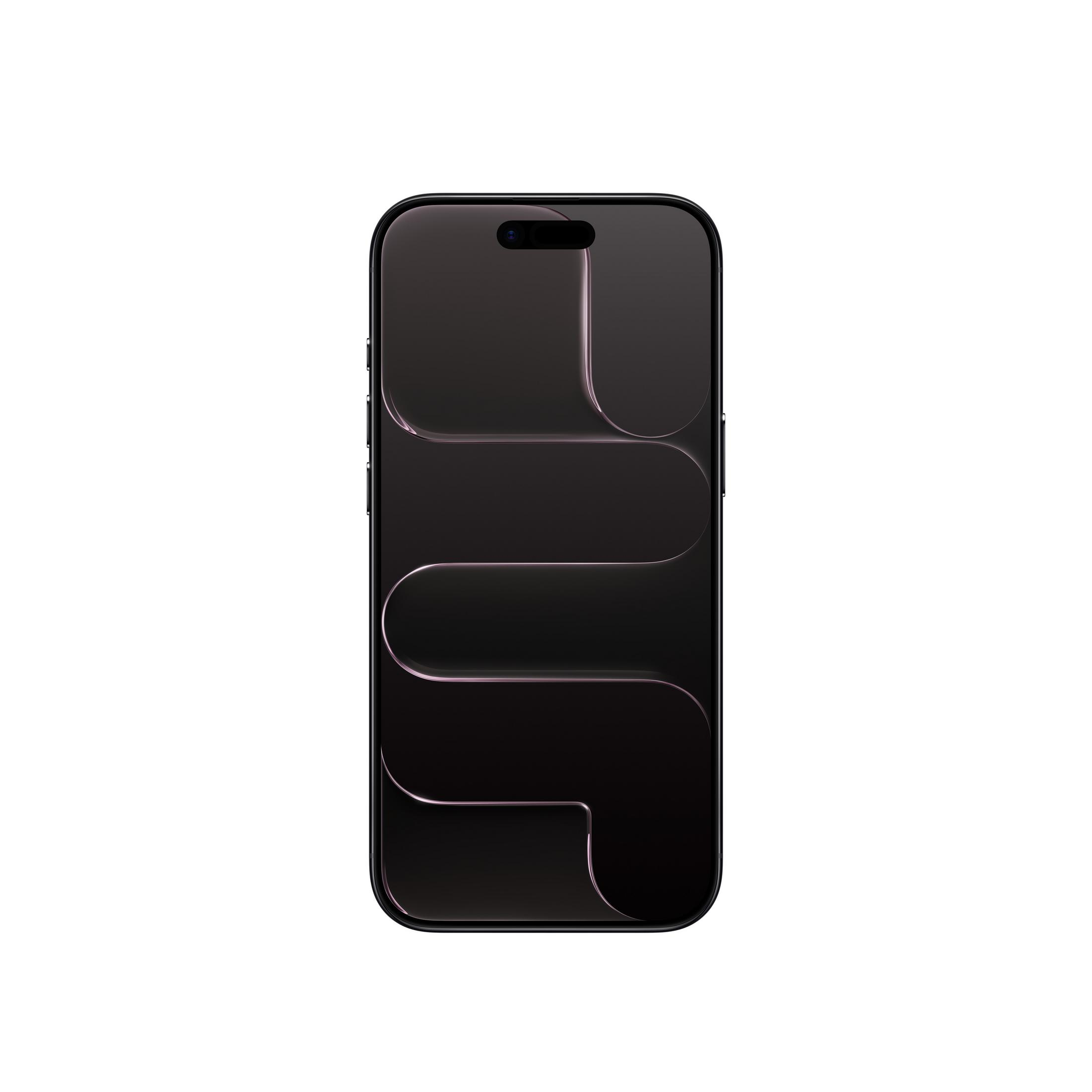 Un smartphone negro con un fondo abstracto oscuro y líneas curvas, centrado sobre un fondo blanco.