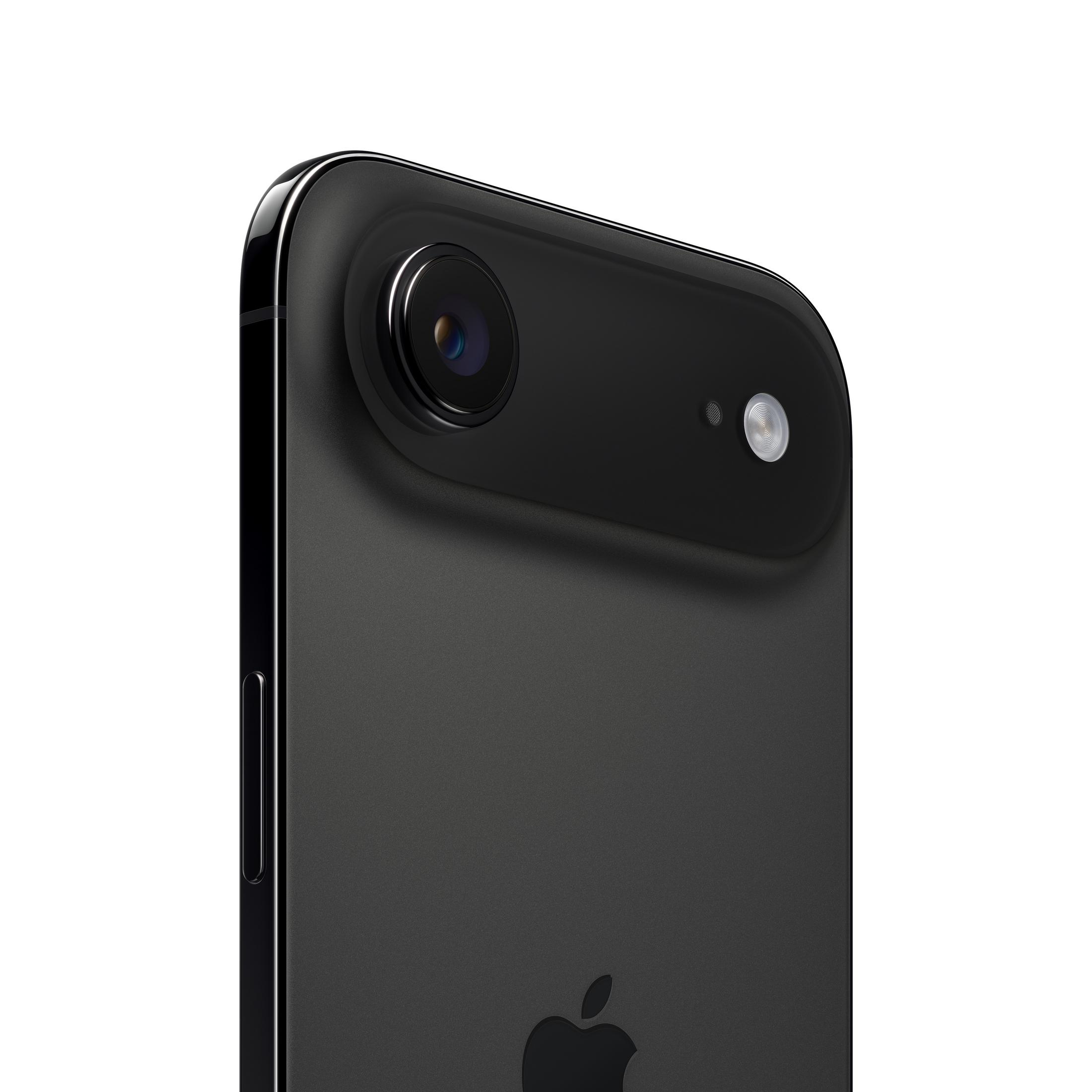 Primer plano de la parte trasera de un smartphone negro que muestra la lente de la cámara, el flash y el logotipo de Apple.