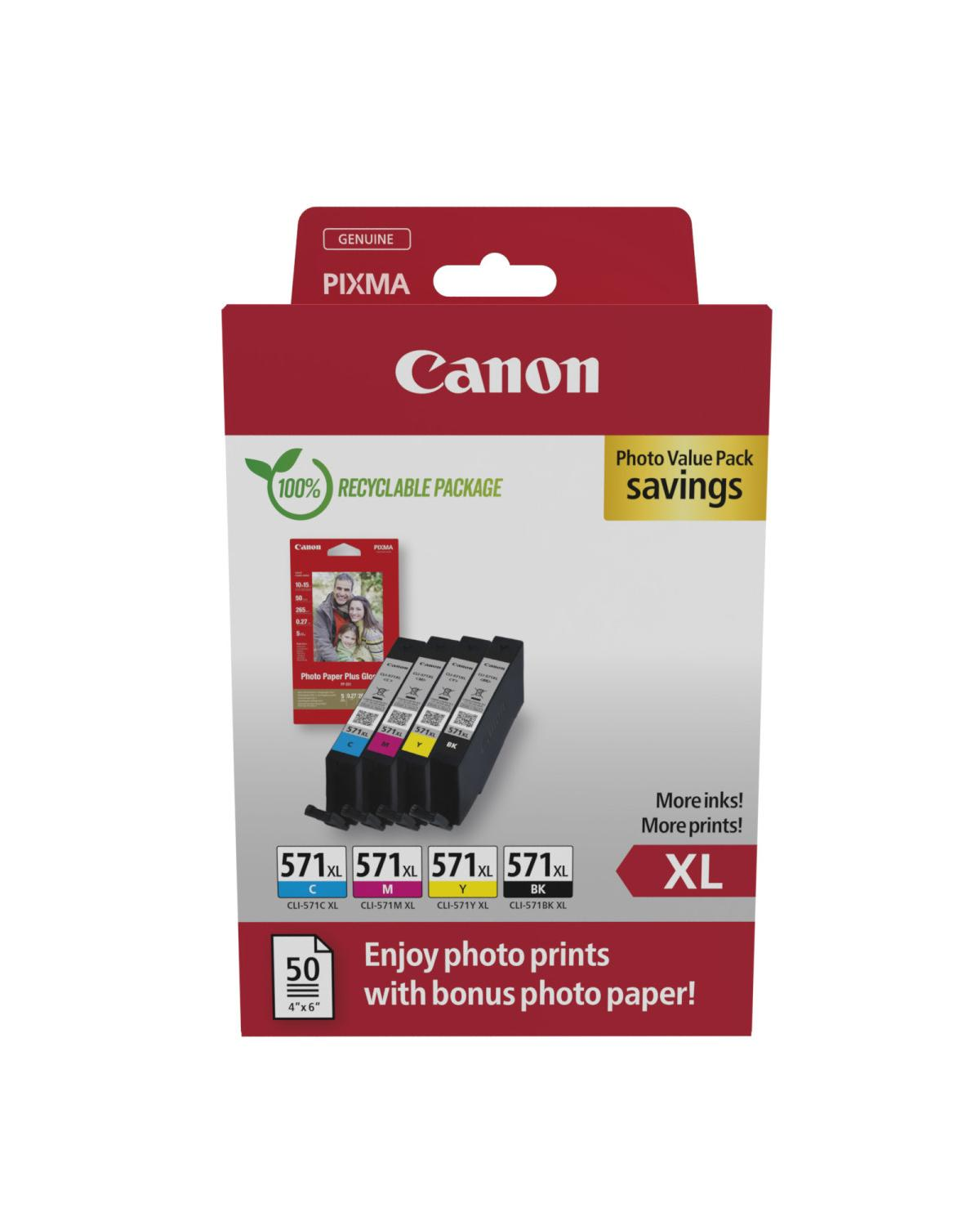 Eine Canon Pixma XL Tintenpackung mit vier Farbpatronen und Fotopapier auf weißem Hintergrund.