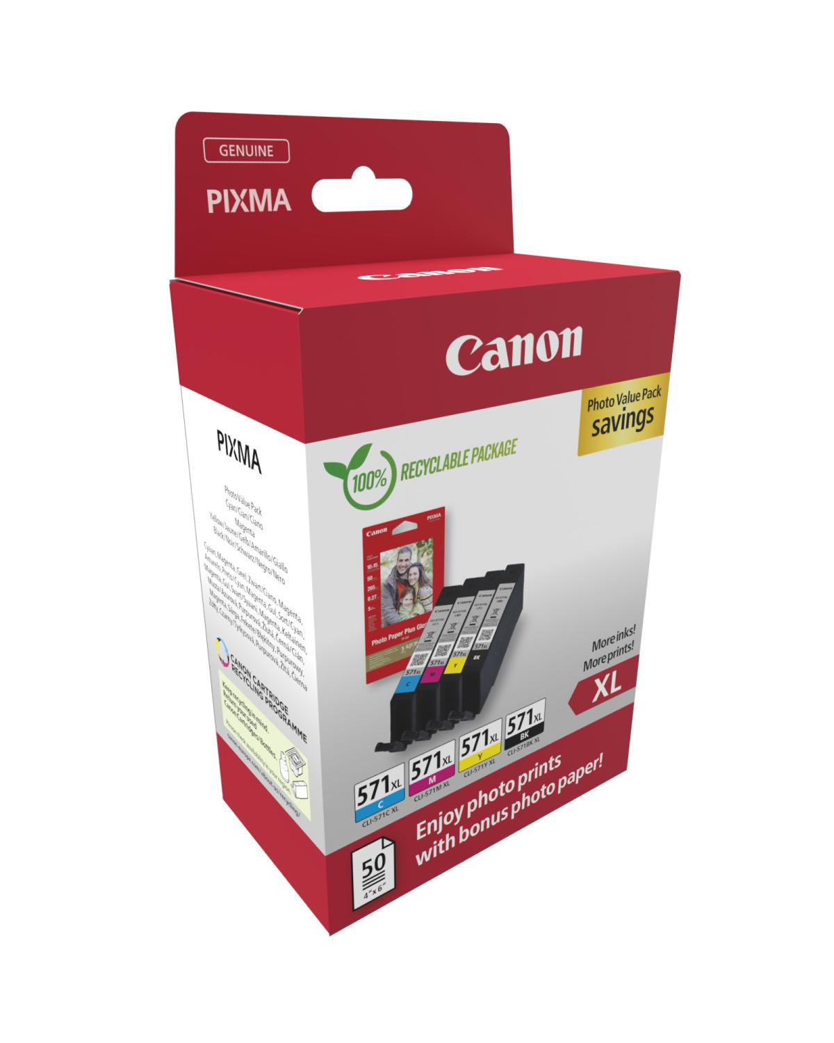 Eine rot-weiße Canon Pixma Tintenpatronen-Verpackung mit XL-Logo.