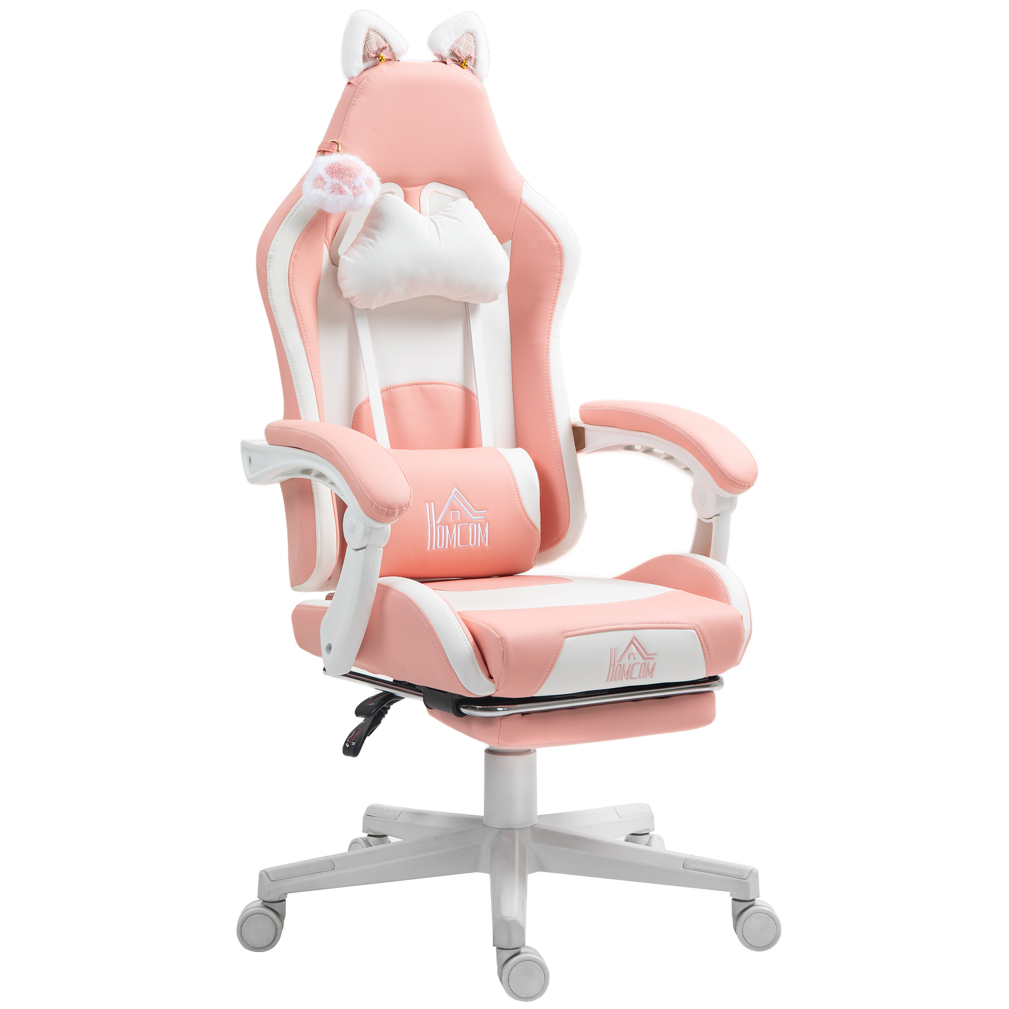 Sedia da gaming rosa e bianca con orecchie di gatto e cuscini.