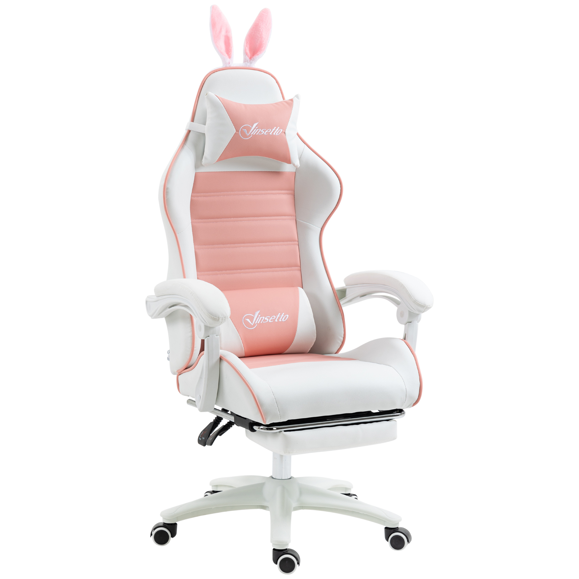 Sedia da gaming ergonomica bianca e rosa con orecchie da coniglio di peluche e due cuscini, su sfondo bianco.