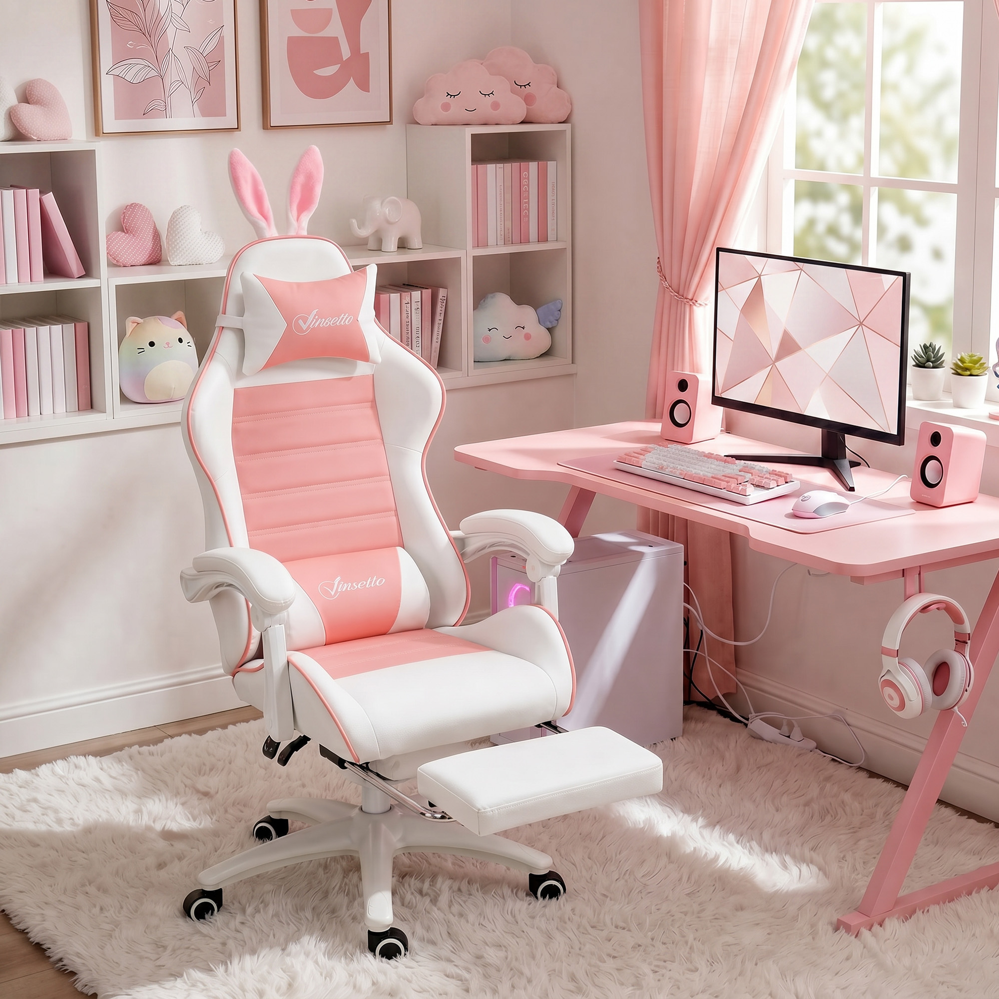 Una accogliente stanza da gioco rosa e bianca con sedia, scrivania, computer e scaffali con peluche.