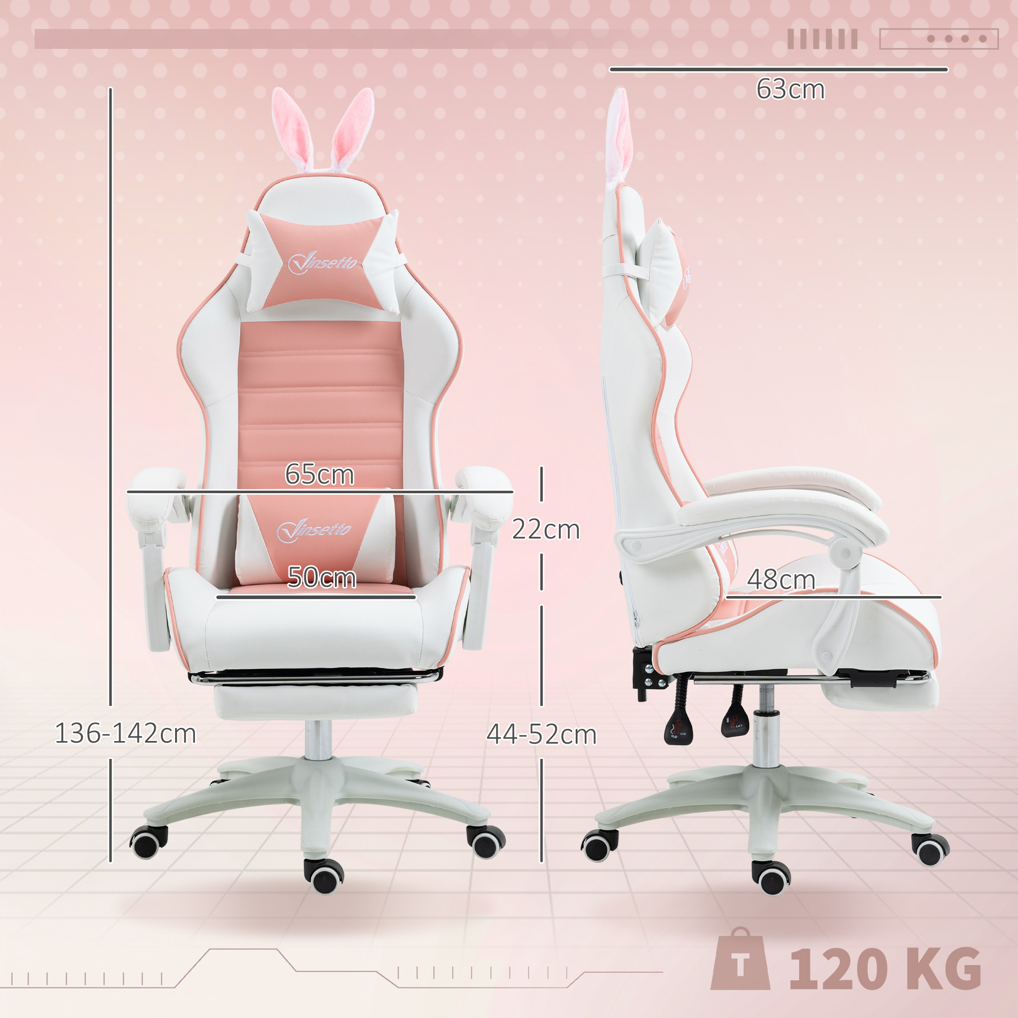 Sedia da gioco rosa e bianca con orecchie di coniglio, con dimensioni frontali e laterali.