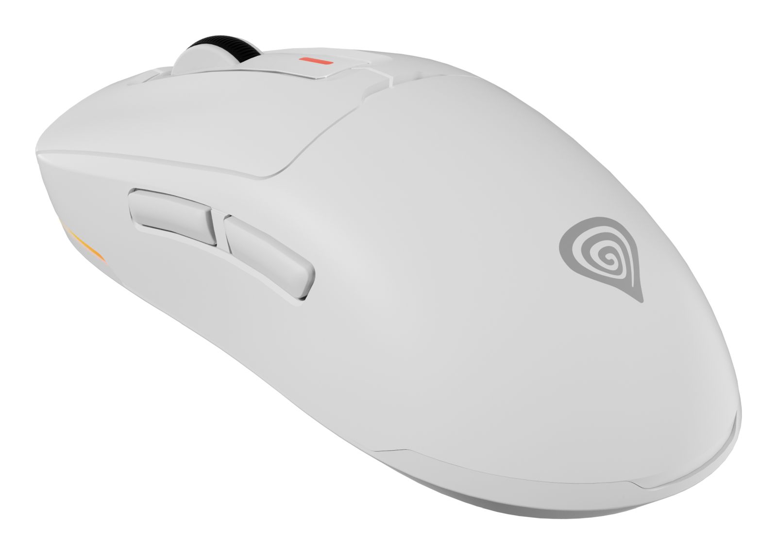 Un elegante ratón inalámbrico blanco para juegos con botones laterales, rueda y logotipo gris sobre fondo blanco.