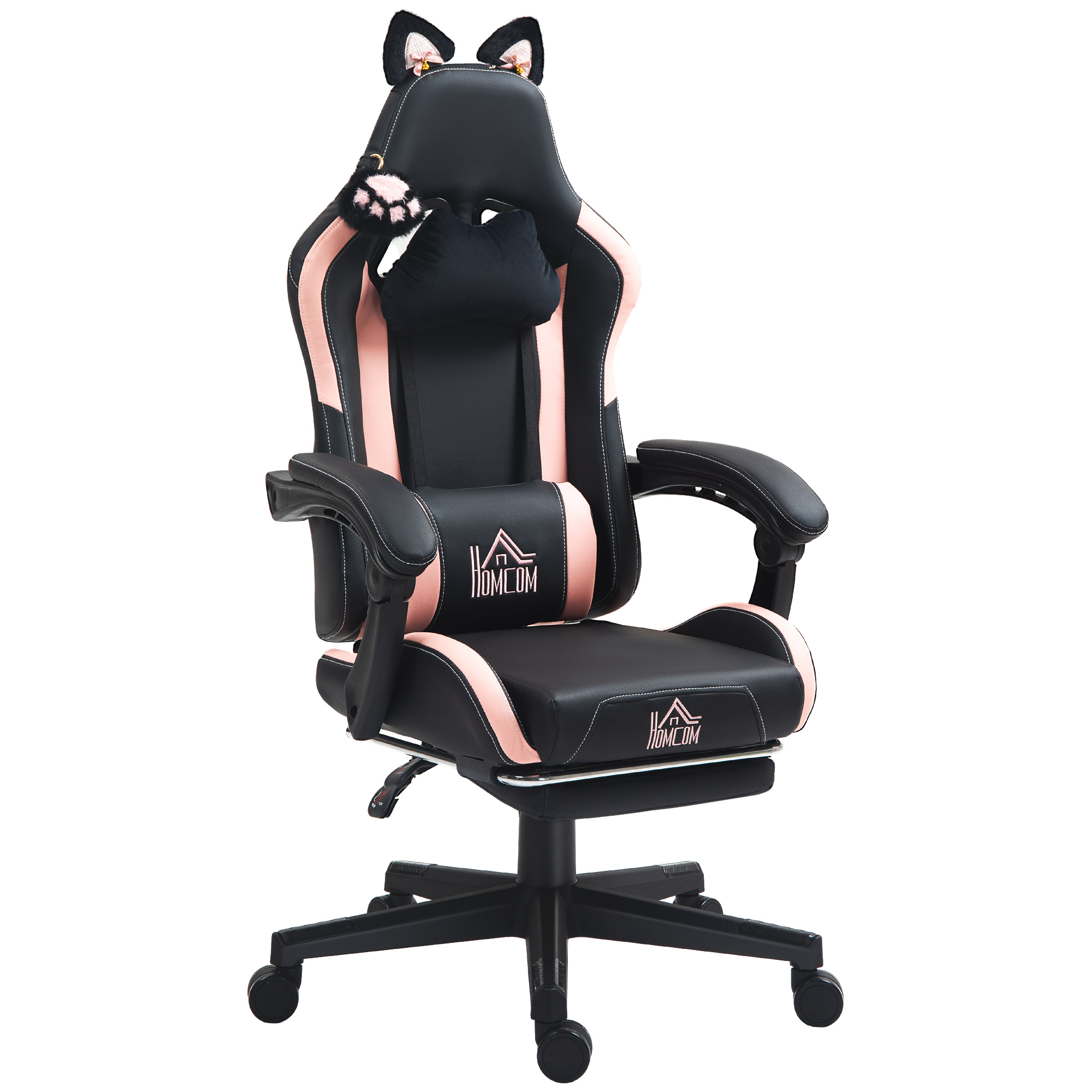 Sedia da gaming nera e rosa con orecchie di gatto e dettagli a zampa su fondo bianco.
