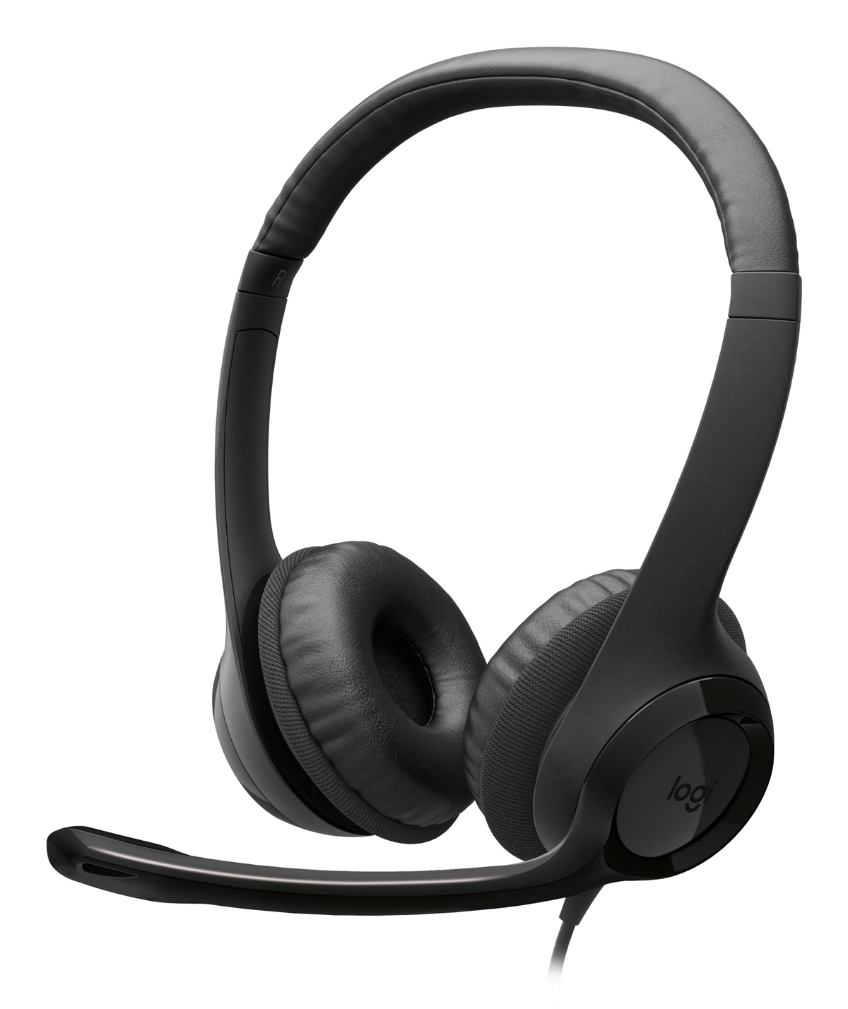 Cuffie nere Logitech con padiglioni imbottiti e braccio microfonico integrato su sfondo bianco.
