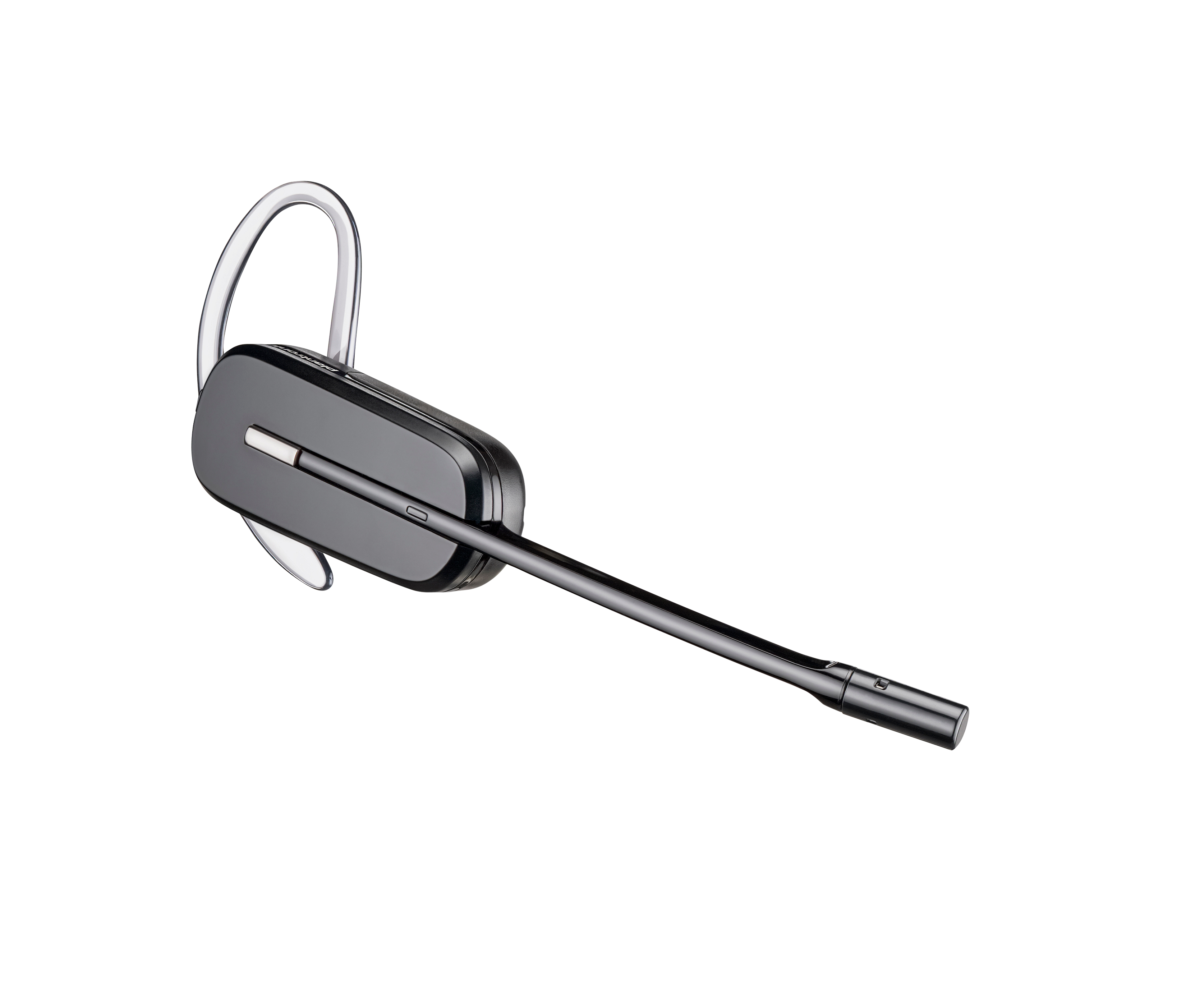 Un auricular Bluetooth negro con gancho para la oreja y brazo de micrófono largo sobre fondo blanco.