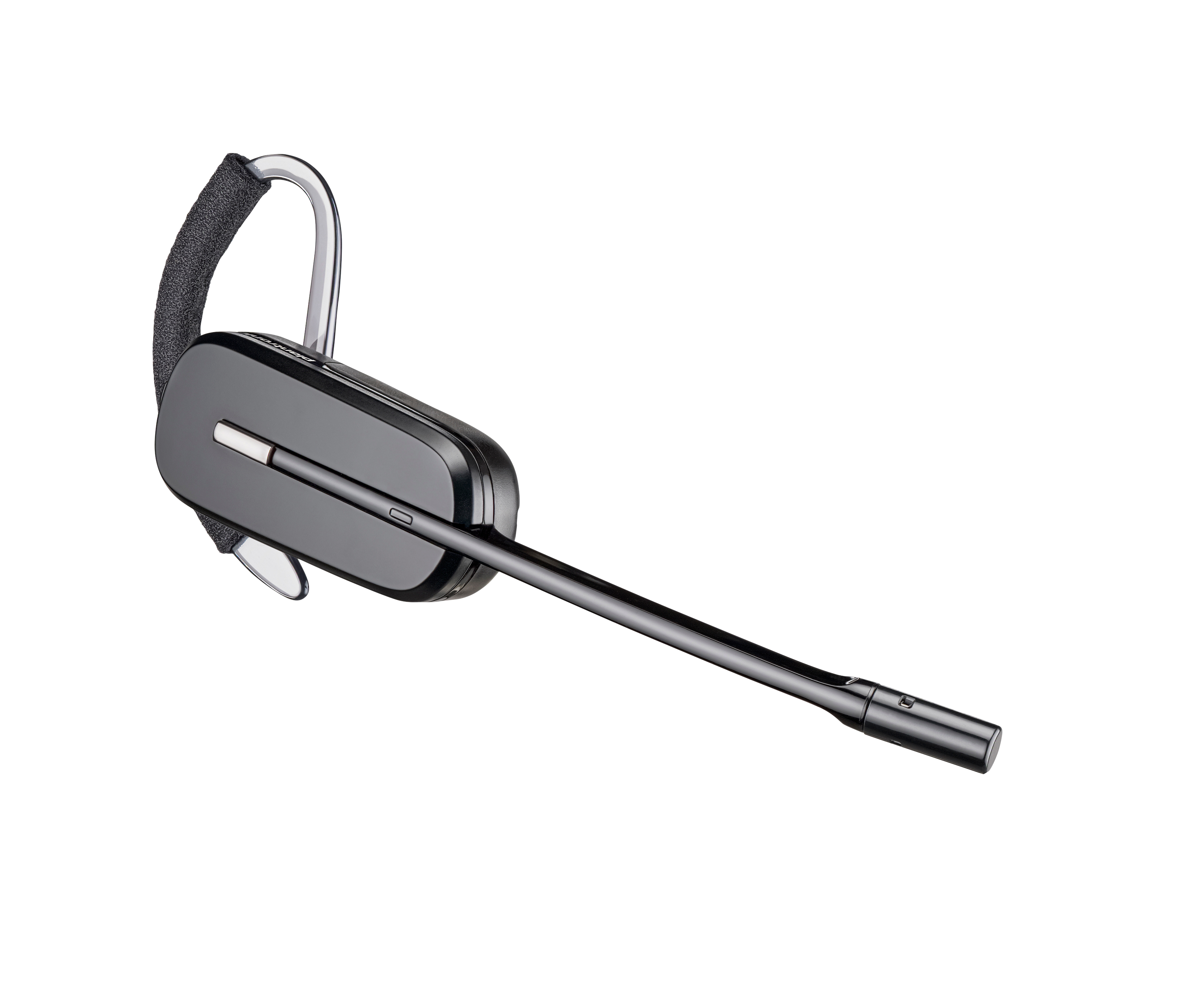 Un auricular inalámbrico Bluetooth negro con gancho para la oreja y un micrófono de asta larga sobre fondo blanco.
