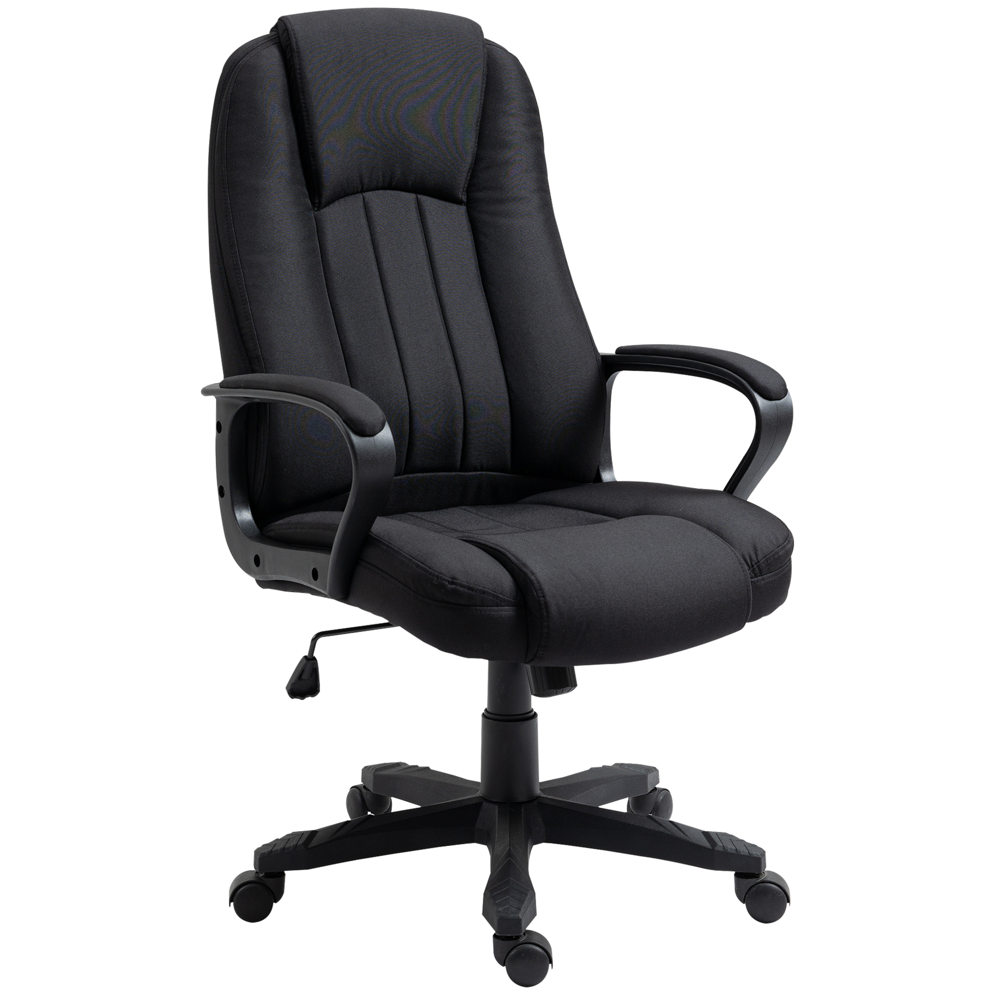 Una sedia da ufficio ergonomica nera con schienale alto e rotelle su sfondo bianco.