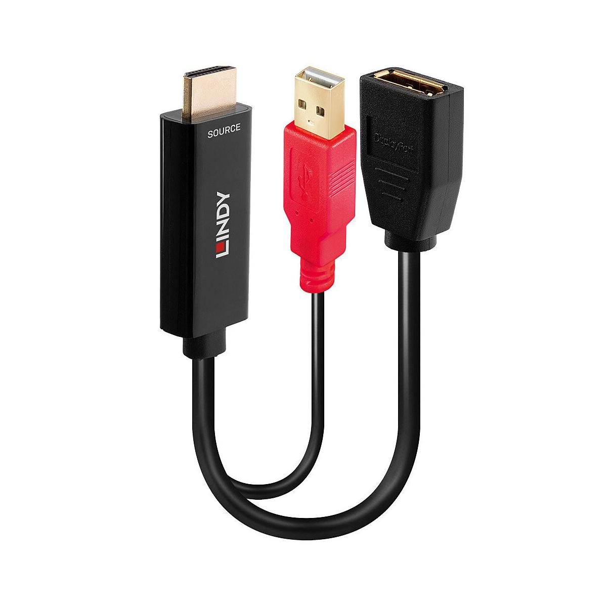 Ein Lindy HDMI zu DisplayPort Adapterkabel mit rotem USB-Stecker für die Stromversorgung.
