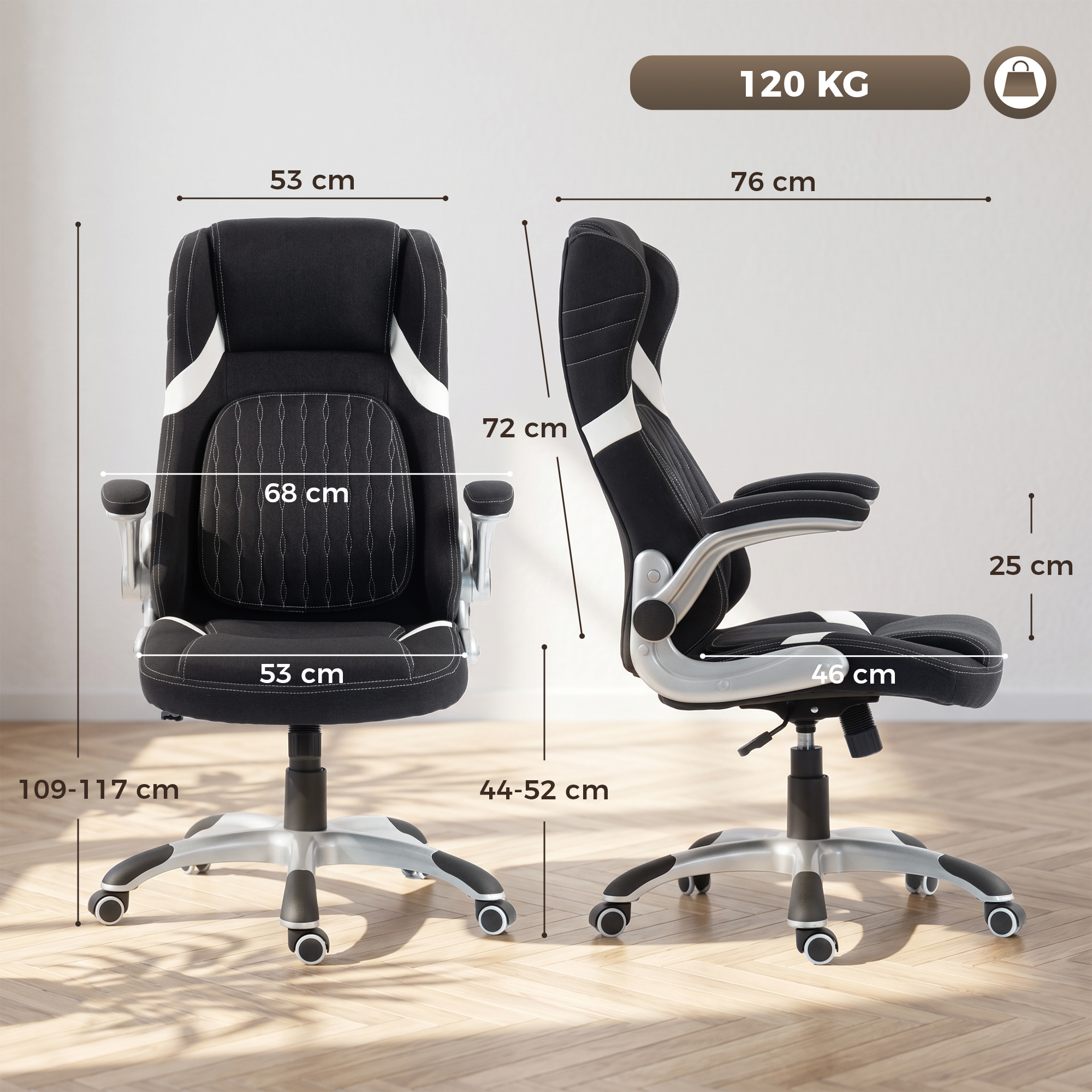 Disegno tecnico di una sedia da ufficio nera e bianca con dimensioni.