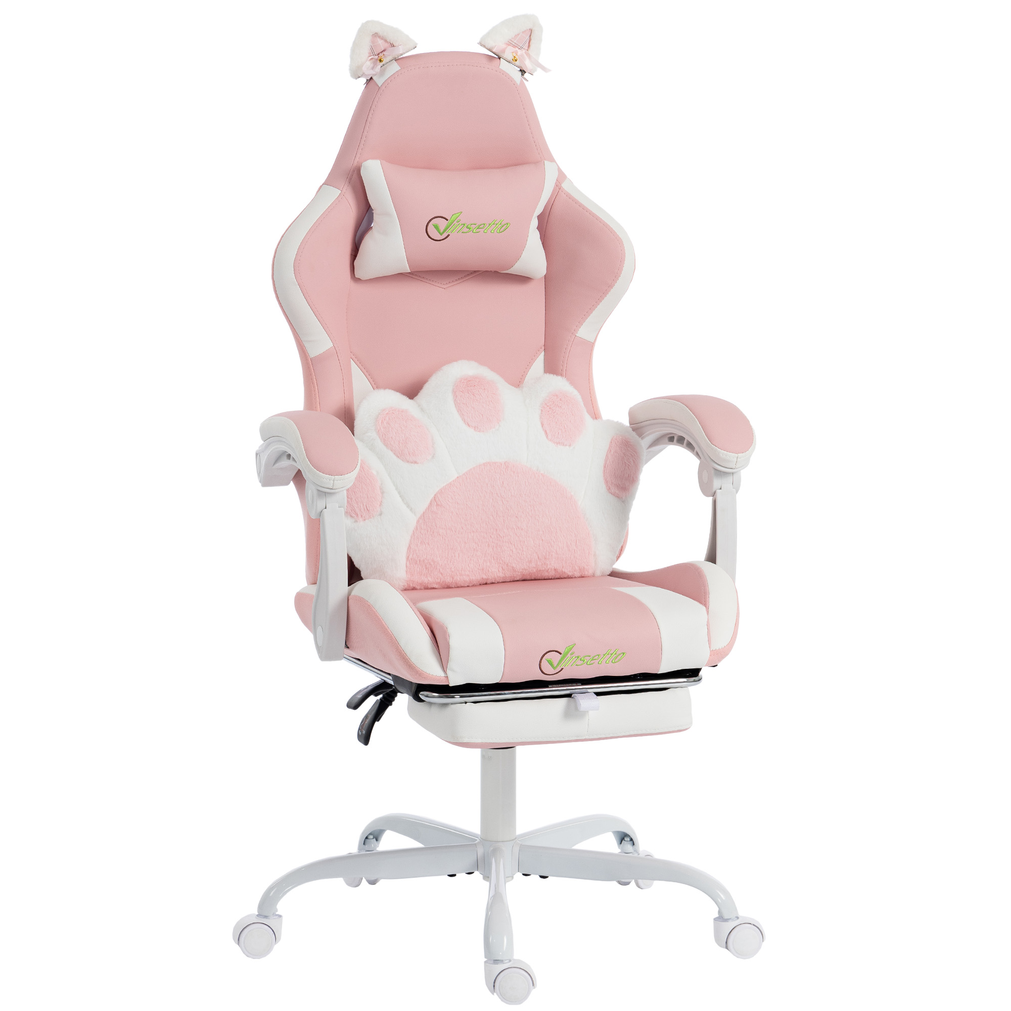 Sedia da gaming rosa e bianca con orecchie di gatto e cuscino a zampa su sfondo bianco.