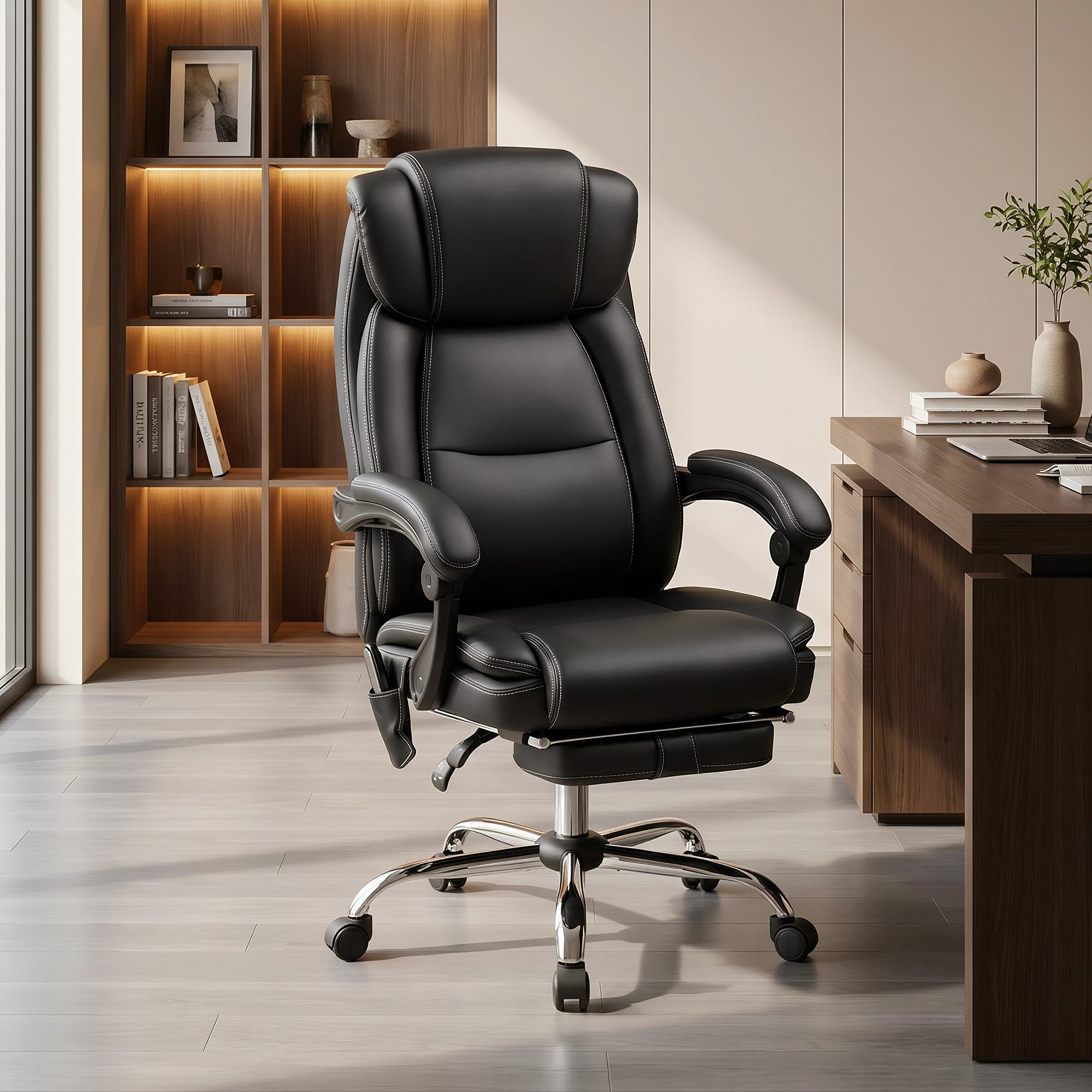 Una sedia da ufficio ergonomica in pelle nera con base cromata si trova in uno studio moderno e luminoso.