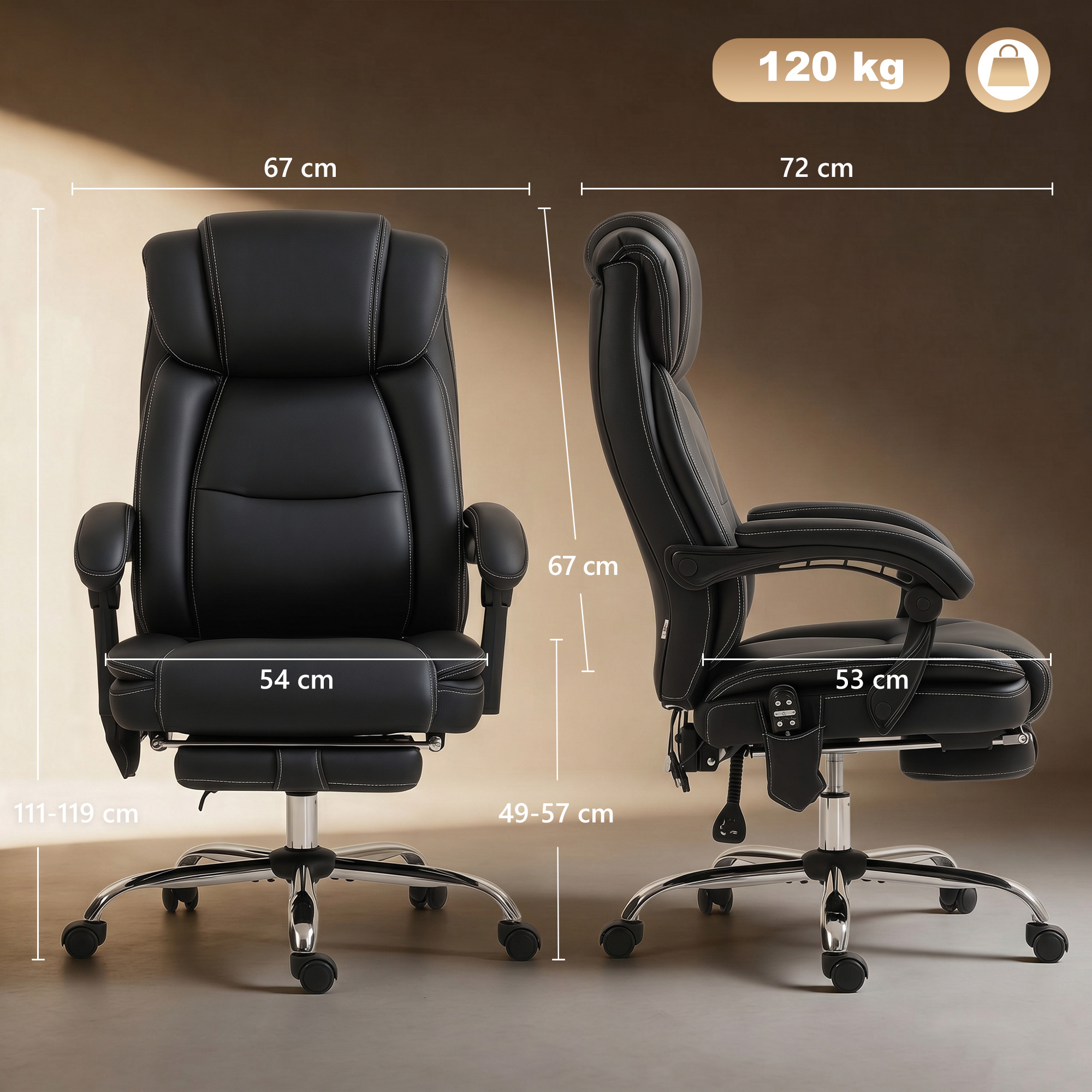 Sedia da ufficio nera con dimensioni indicate per altezza, larghezza e capacità di 120 kg.