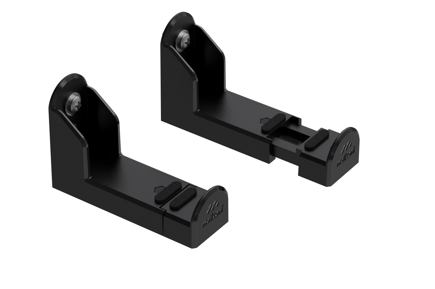 Dos soportes de pared de plástico negro con tornillos y almohadillas.