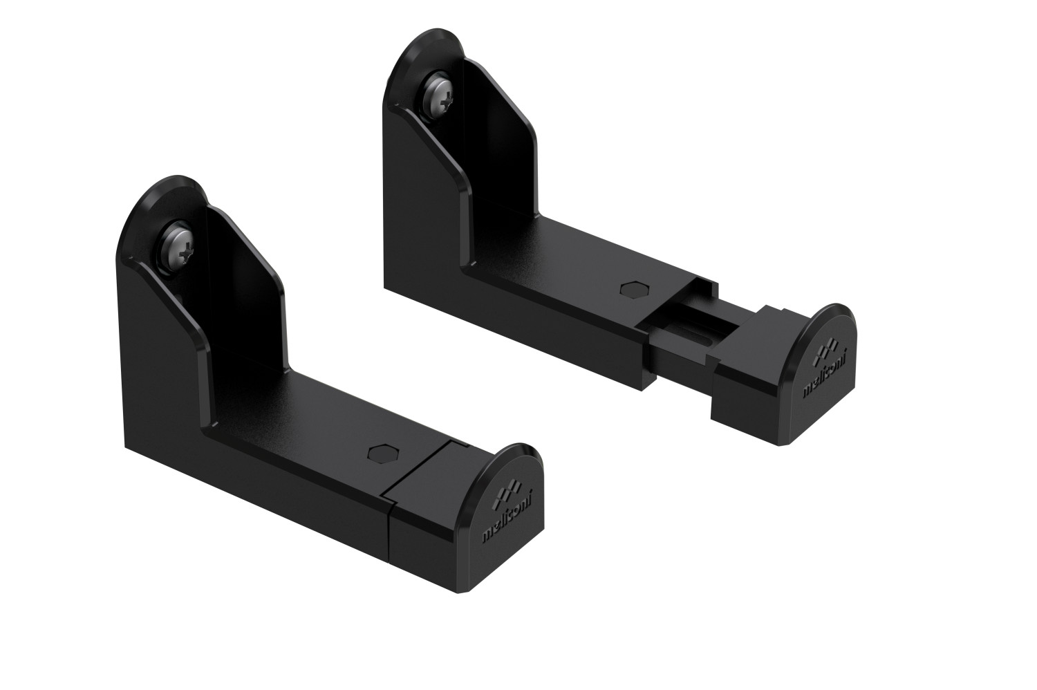 Dos soportes de plástico negro para dispositivos con tornillos de montaje, sobre fondo blanco.