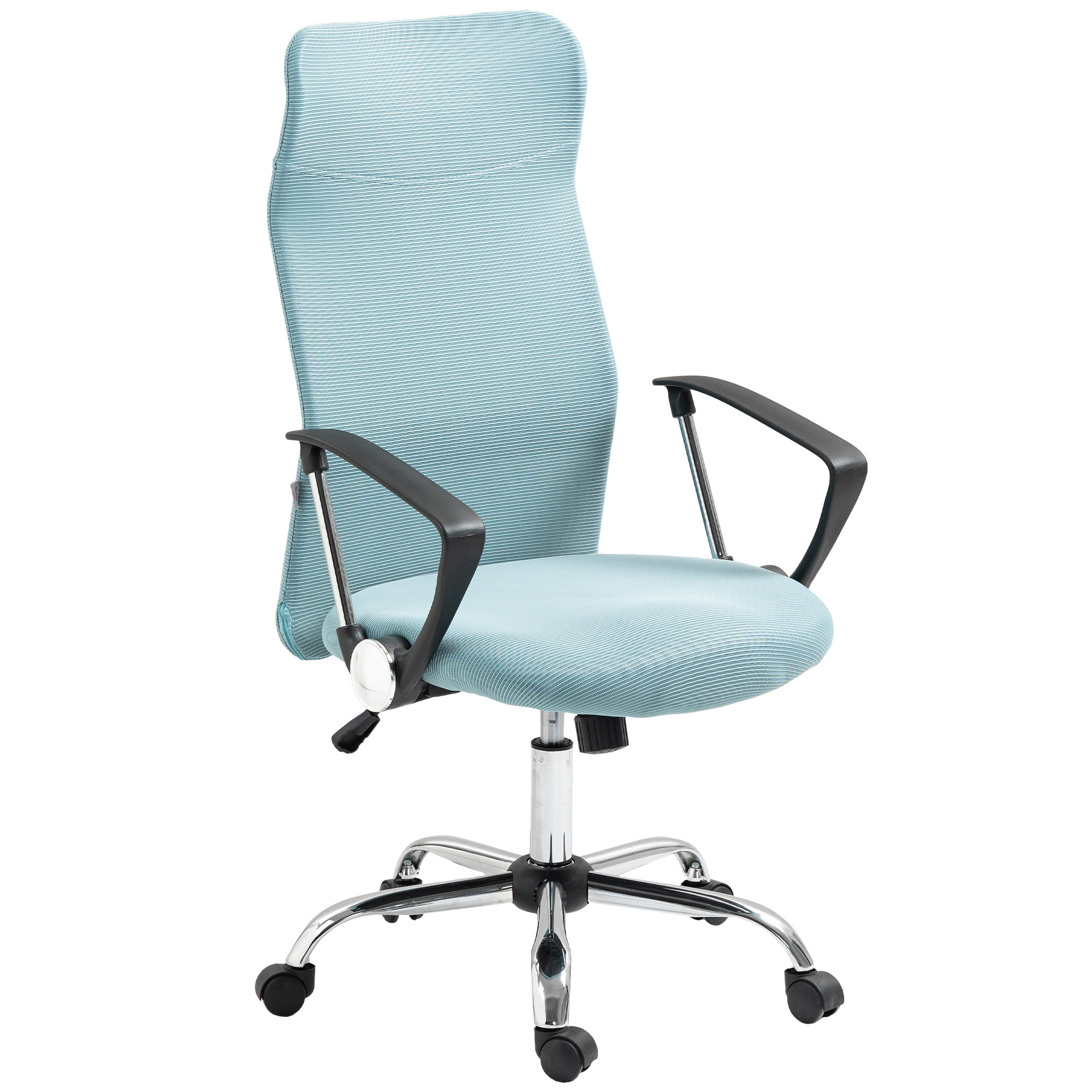 Una sedia da ufficio azzurro chiaro con schienale alto e base in metallo con ruote.