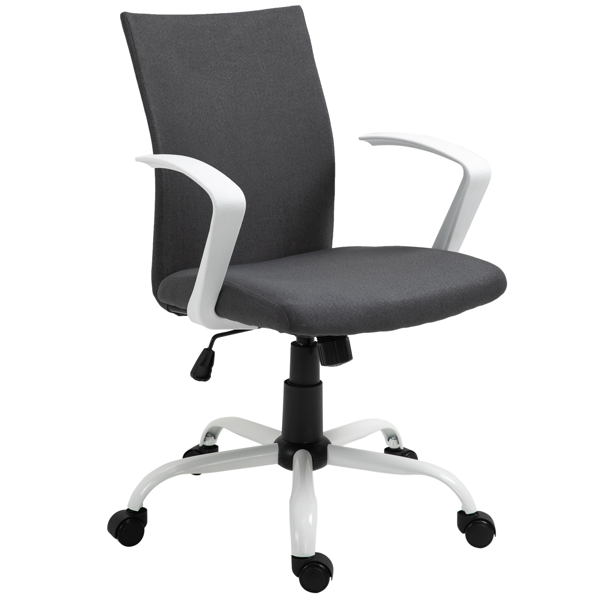 Una sedia da ufficio grigia con braccioli bianchi e base bianca a cinque razze con rotelle su sfondo bianco.
