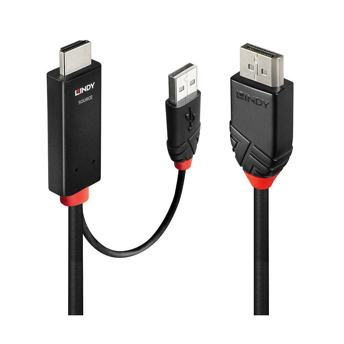 Schwarzes Lindy DisplayPort auf HDMI Kabel mit USB-Stromversorgung auf weißem Hintergrund.