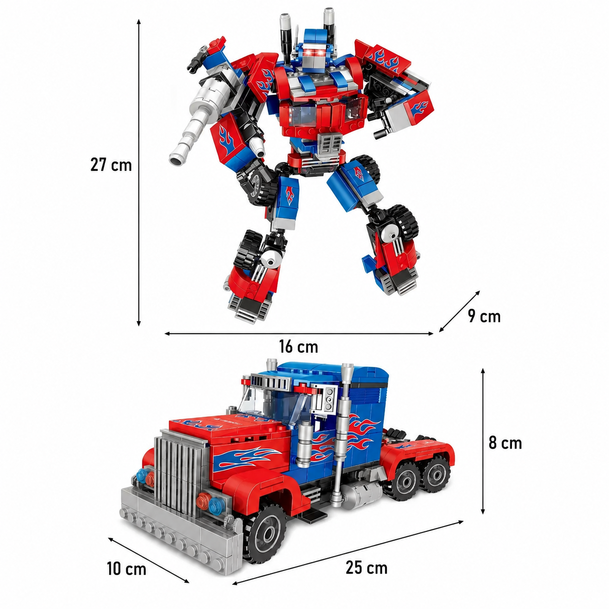 Robot w stylu Lego i ciężarówka z wymiarami w cm na białym tle.