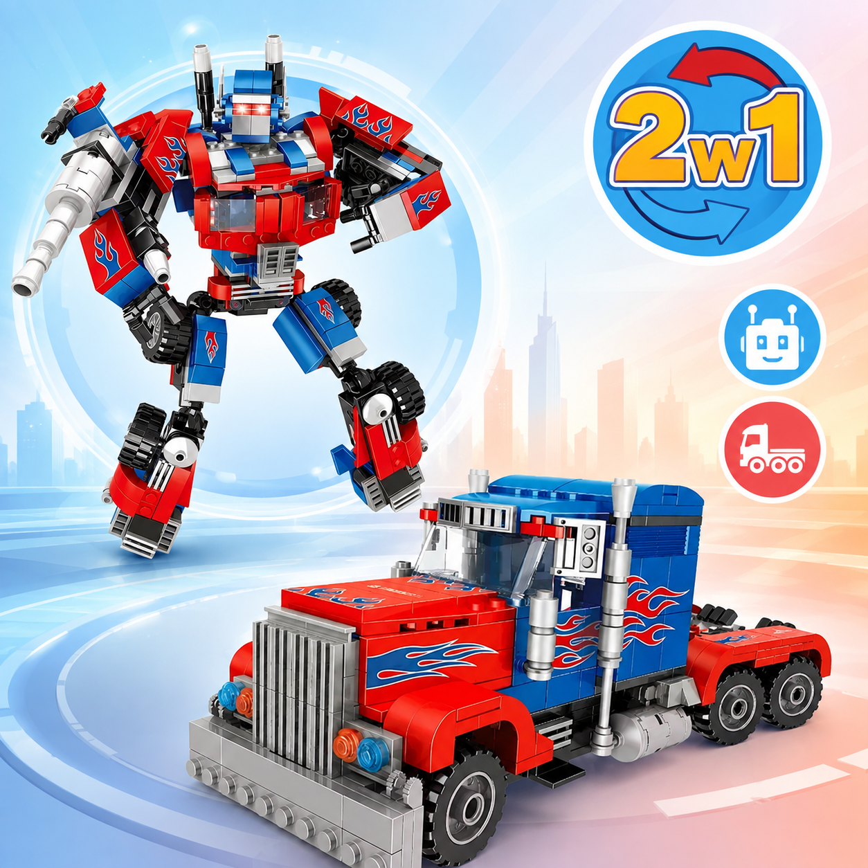 Czerwono-niebieski robot z klocków zmieniający się w ciężarówkę, z ikoną 2w1 na tle miasta.