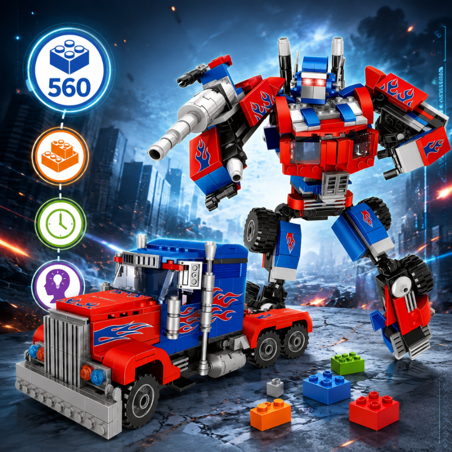 Czerwono-niebieski robot Lego stoi obok pasującej ciężarówki na tle ciemnego miasta.