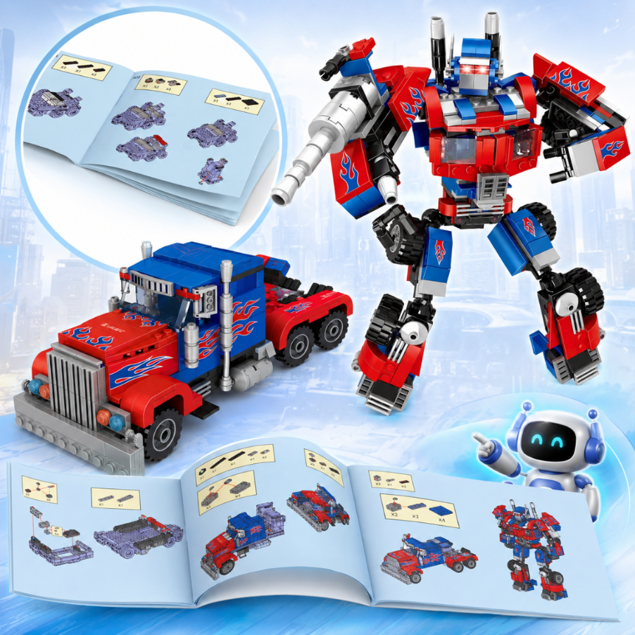 Robot Lego i ciężarówka z niebieskimi płomieniami obok instrukcji obsługi.
