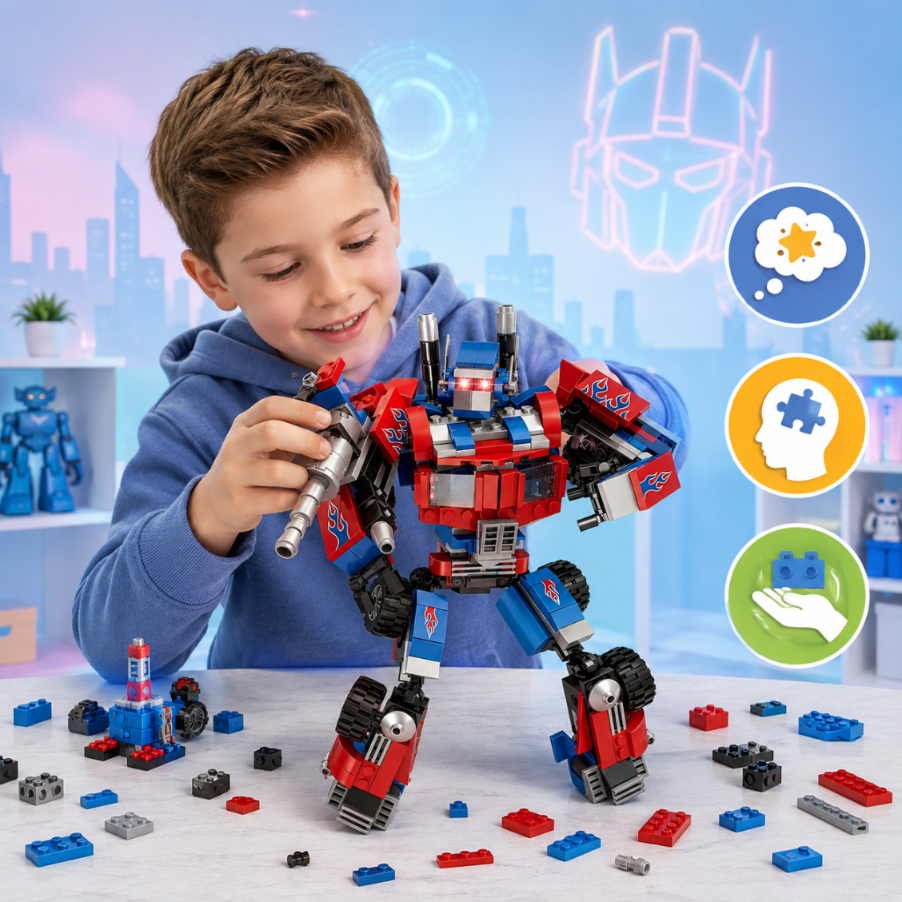 Uśmiechnięty chłopiec z dumą składa dużą czerwoną i niebieską figurkę robota z klocków Lego.