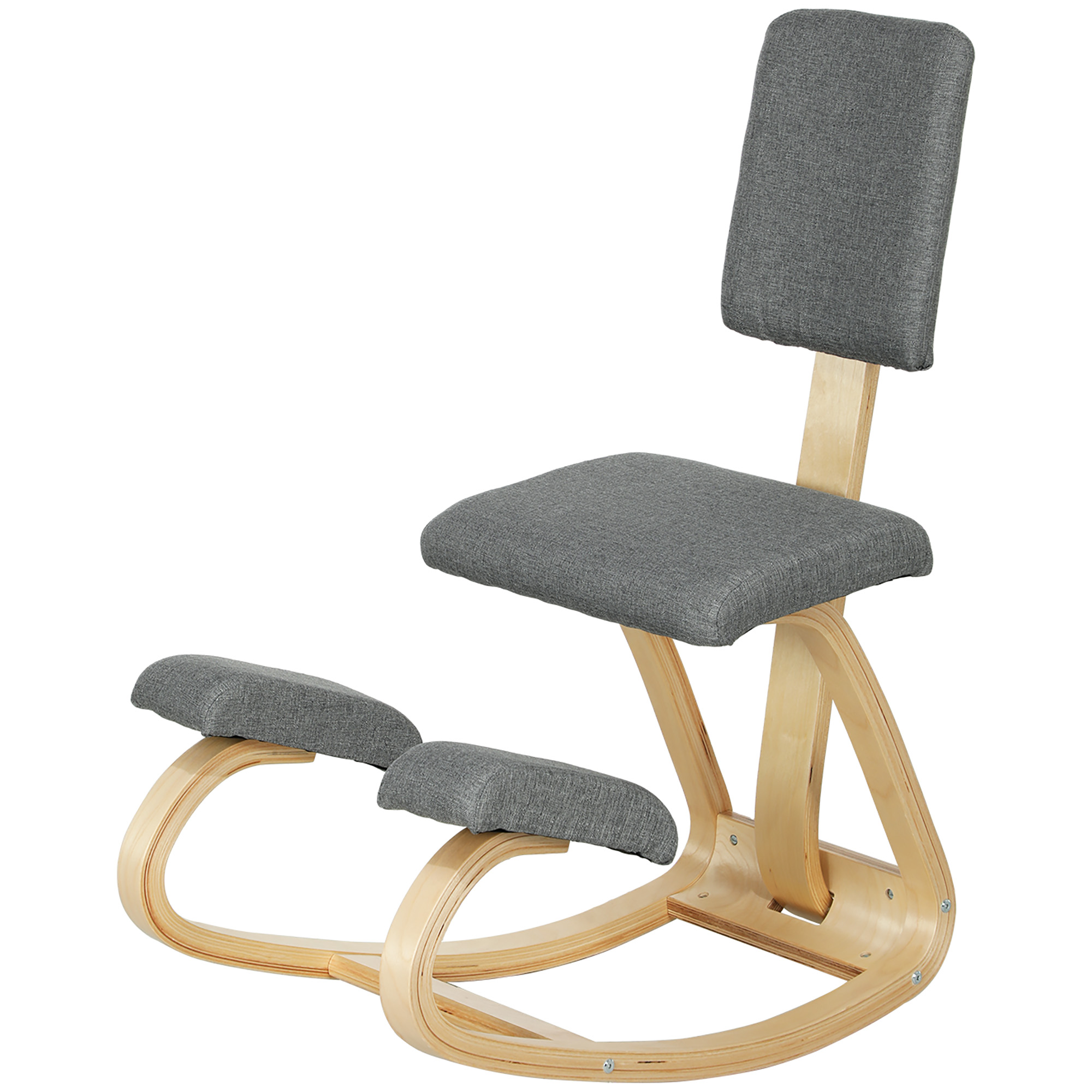 Sedia ergonomica per ginocchia in legno chiaro con cuscini grigi e schienale su sfondo bianco.