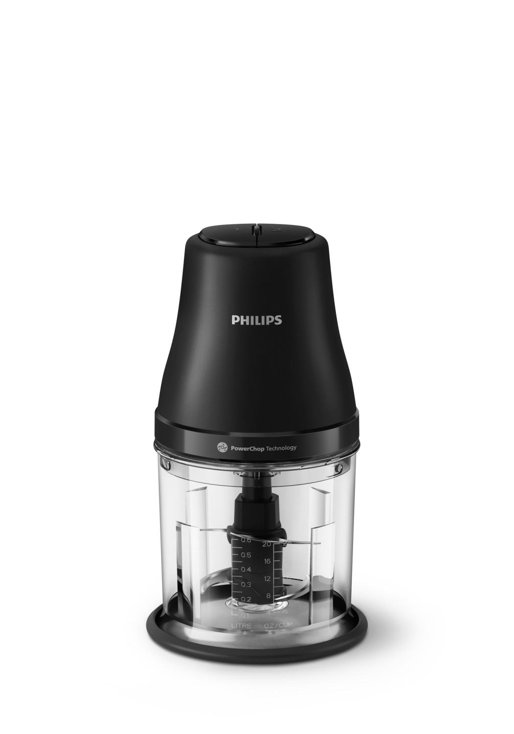Czarny rozdrabniacz Philips z przezroczystą misą i ostrzami ze stali nierdzewnej.