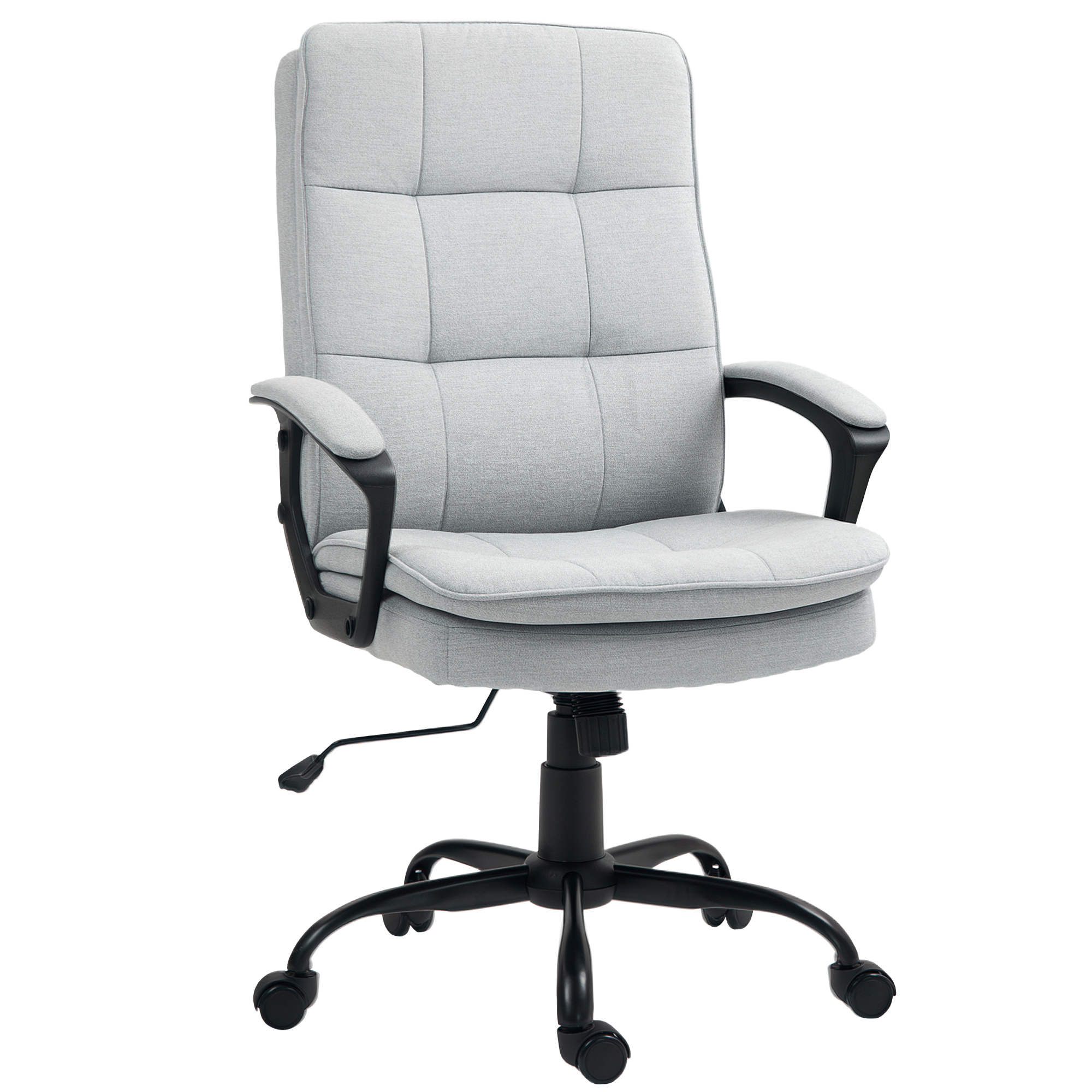Una sedia da ufficio grigia con base in metallo nero e rotelle su sfondo bianco.